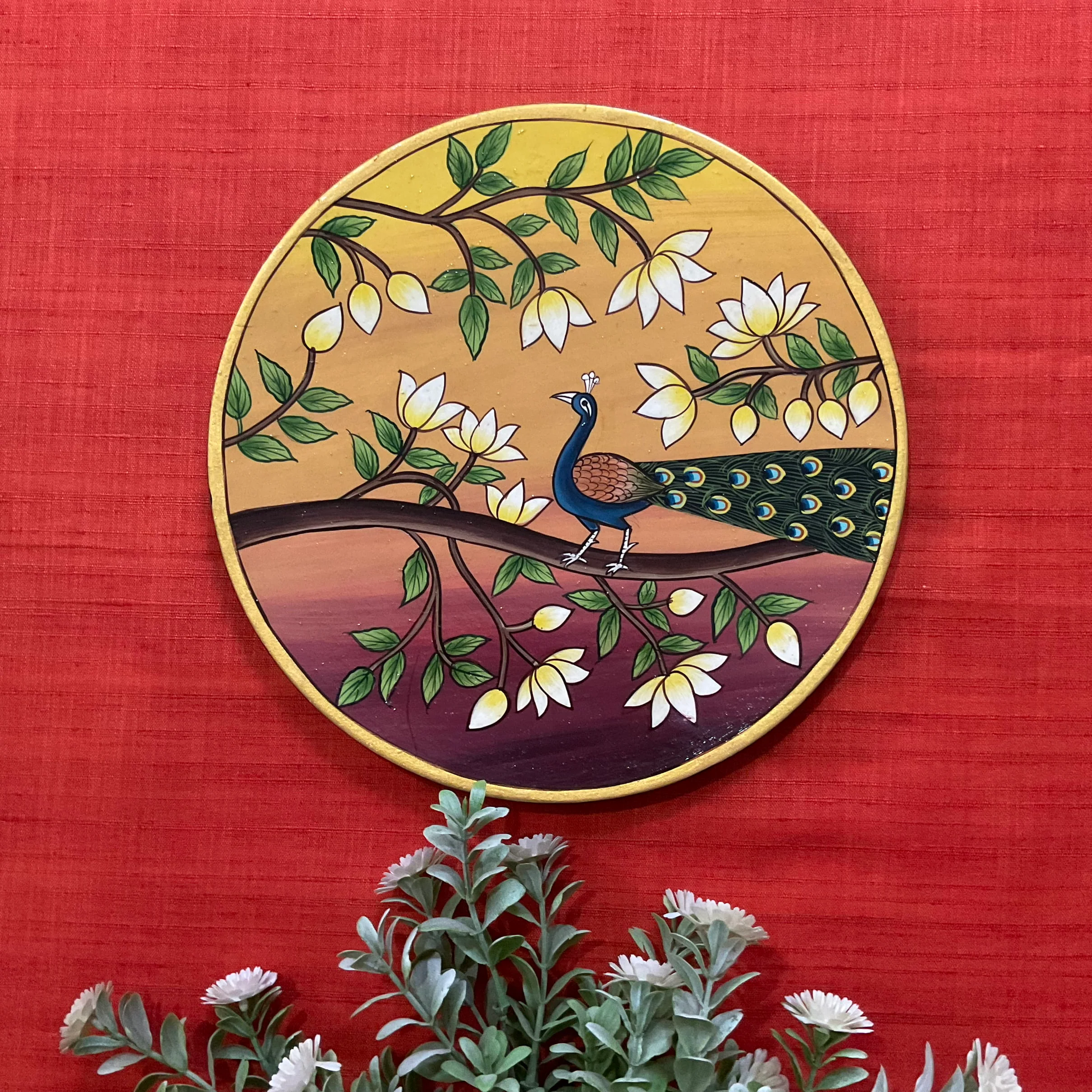 Krishna, Shrinathji Peacock Pichwai Wall Hanging - Decorative Round Plate