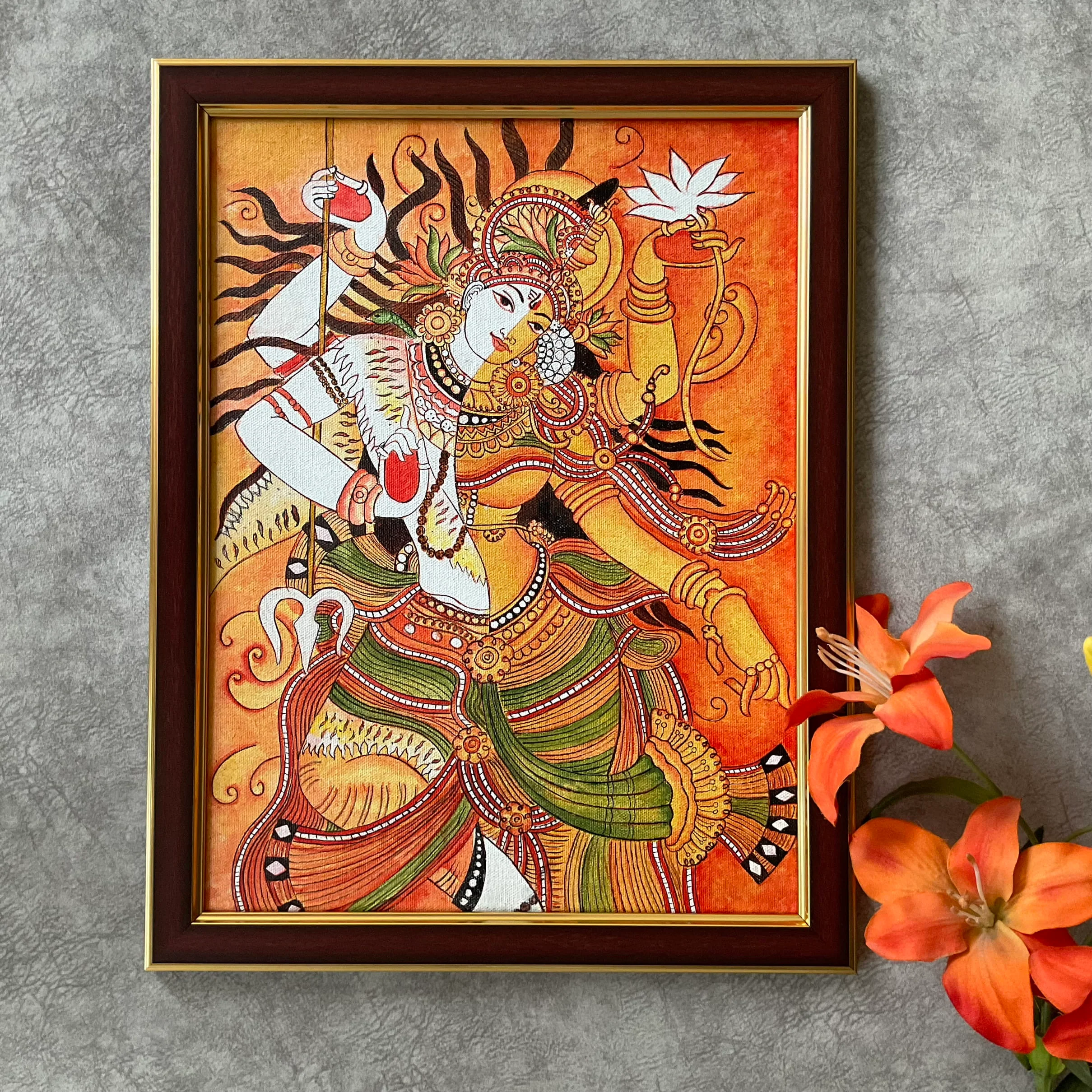 Ardhanarishvara Kerala Mural - Shiva Parvathi Handpainted Wall Decor