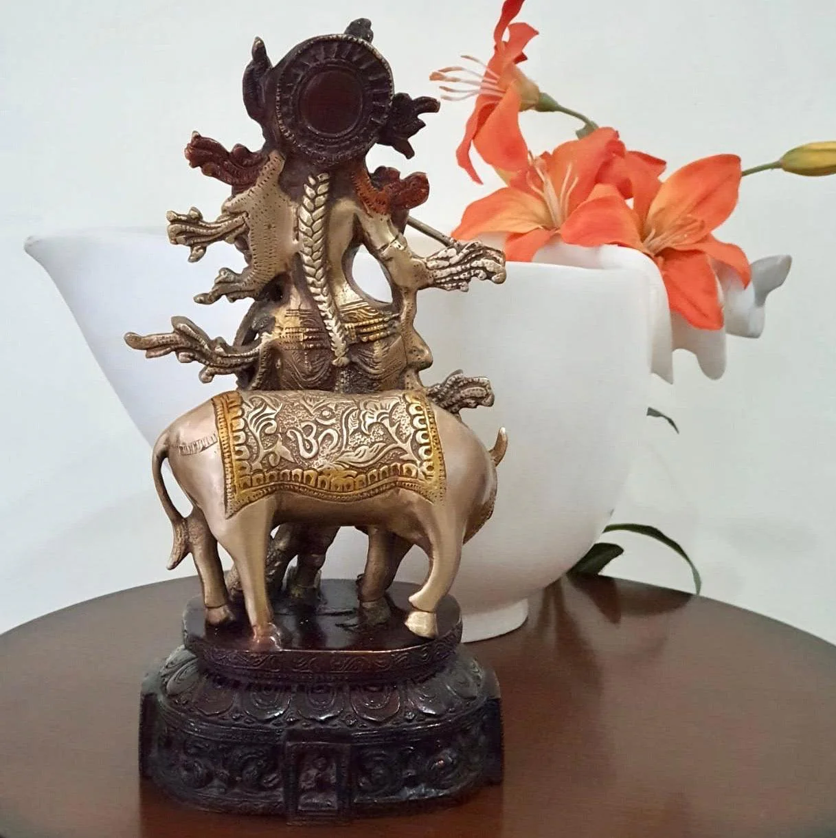 12 Inches Lord Krishna & Cow idol - Brass Lacquer Finish - Krishna Statue for Indian Decor