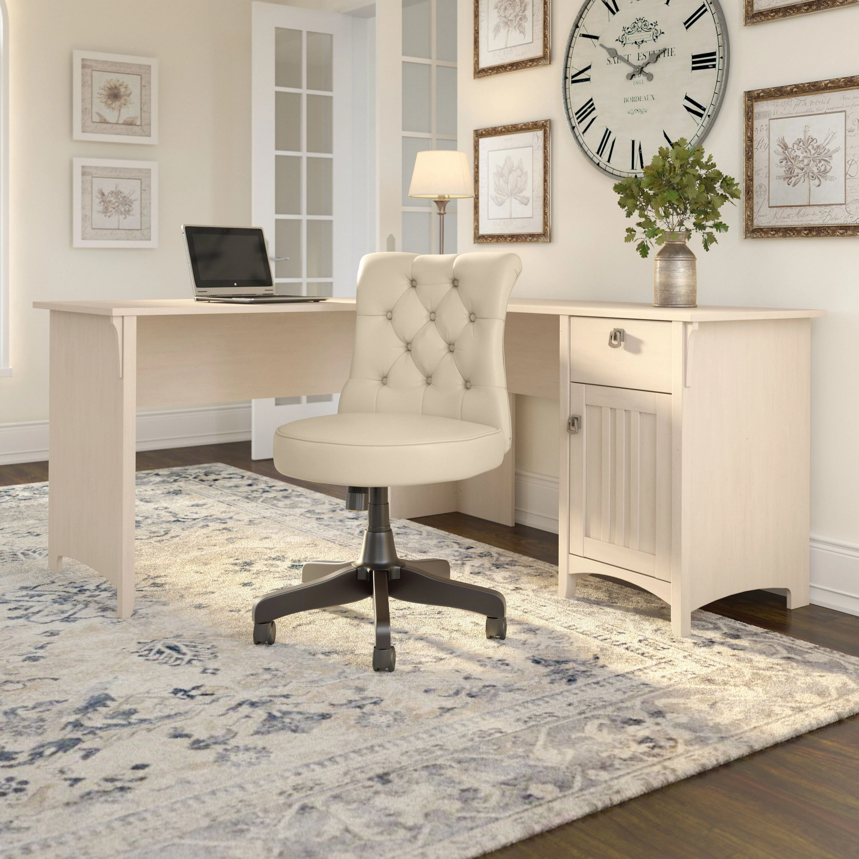 Salinas 60W L Shaped Desk with Mid Back Tufted Office Chair