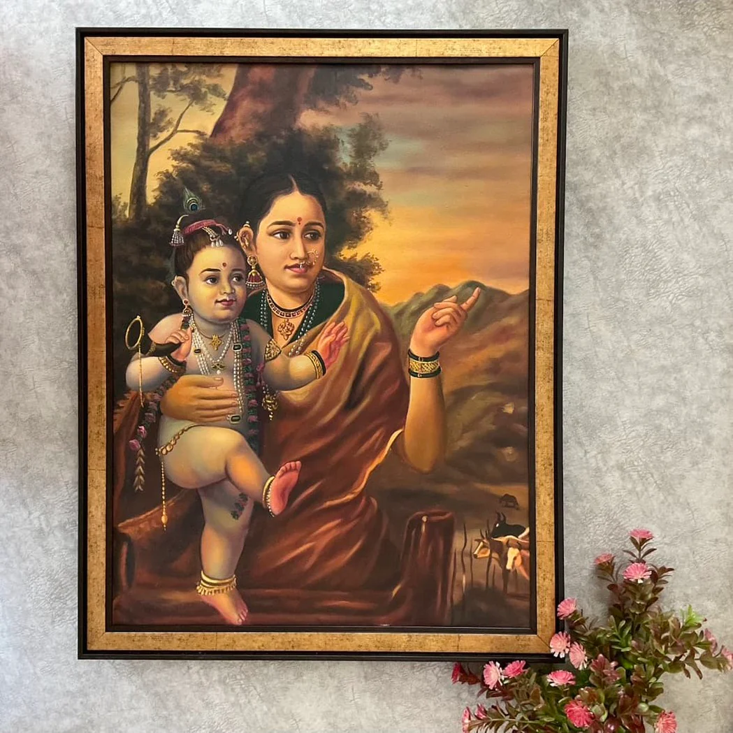 Yashoda Maiya With Balakrishna Handmade Oil Painting - Raja Ravi Varma Recreation - Wall Decor