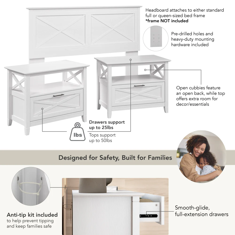 Bush Home Key West 65W Full/Queen Headboard with Set of 2 Nightstands
