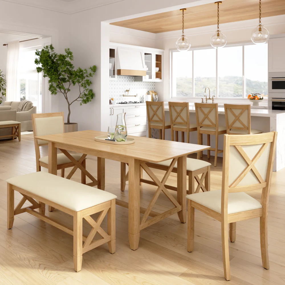 Bush Home Key West 70W Cross Base Dining Table with 2 Upholstered Cross Back Chairs and 2 Benches