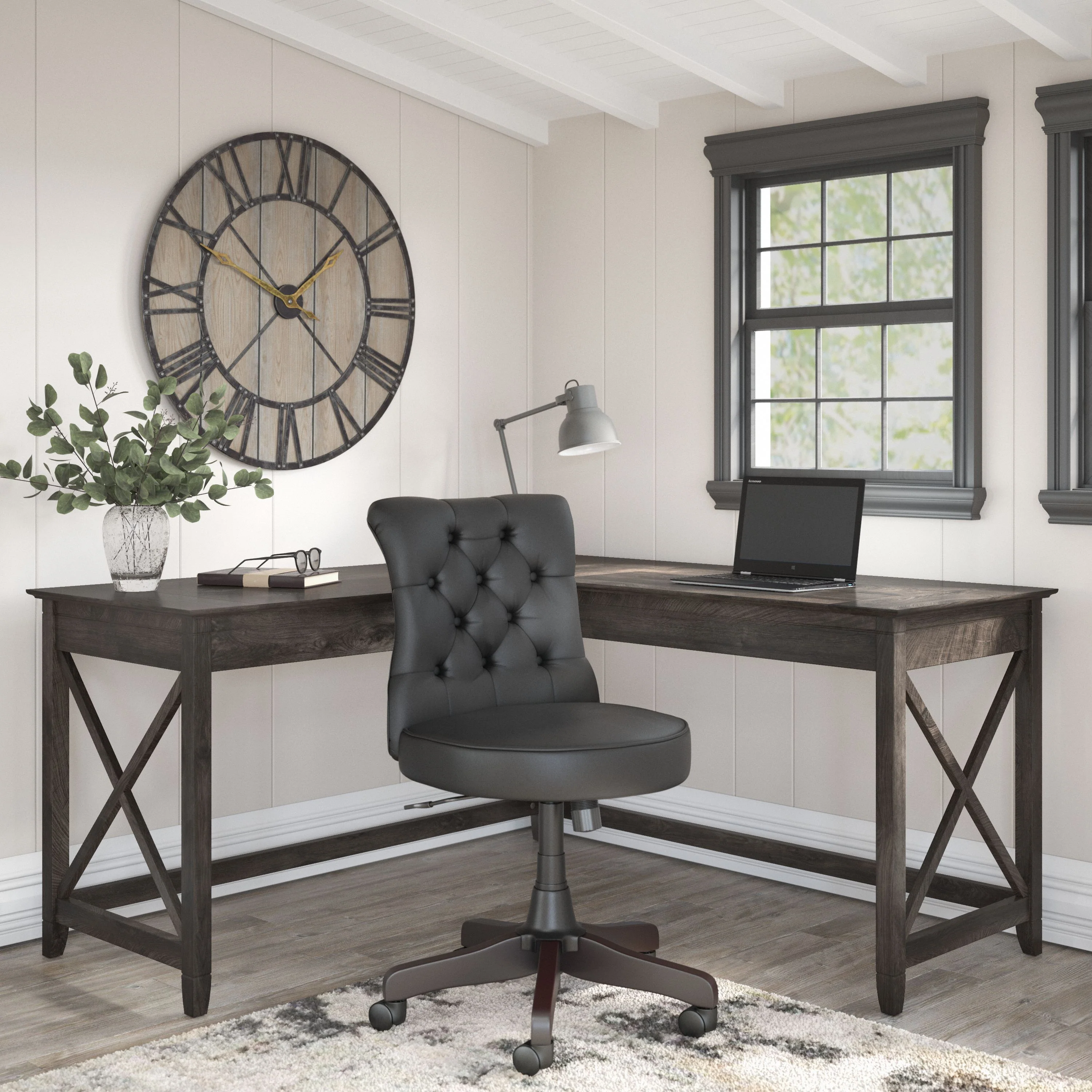 Key West 60W L Shaped Desk with Mid Back Tufted Office Chair
