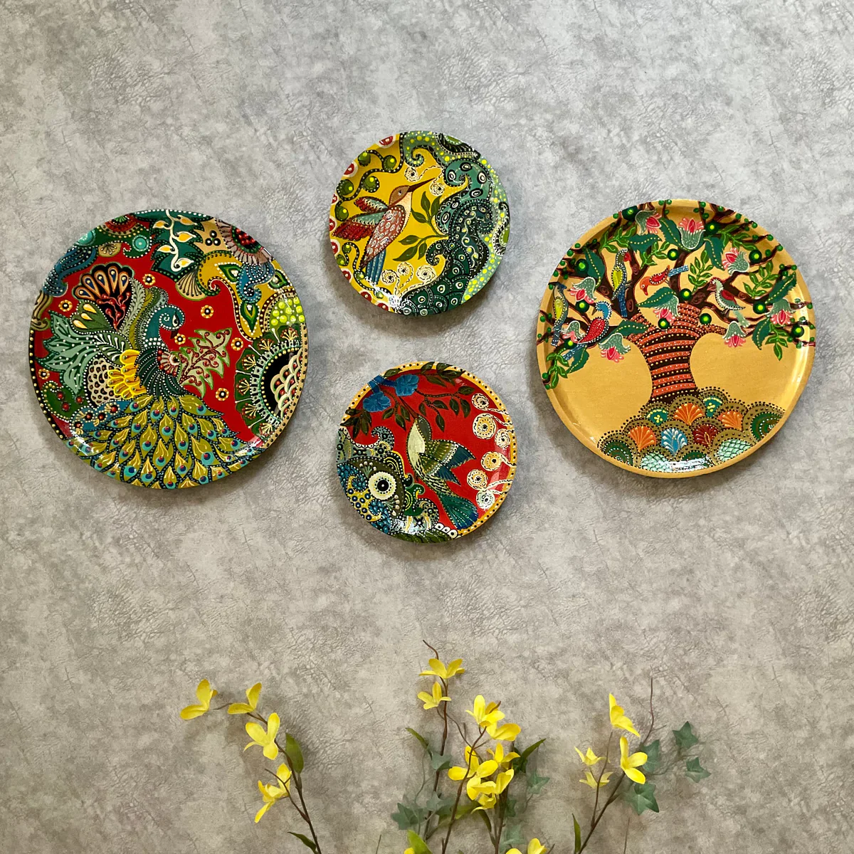 Colourful Handmade Dot Painting Wall Decor - Wall Plate Hanging - Set of 4