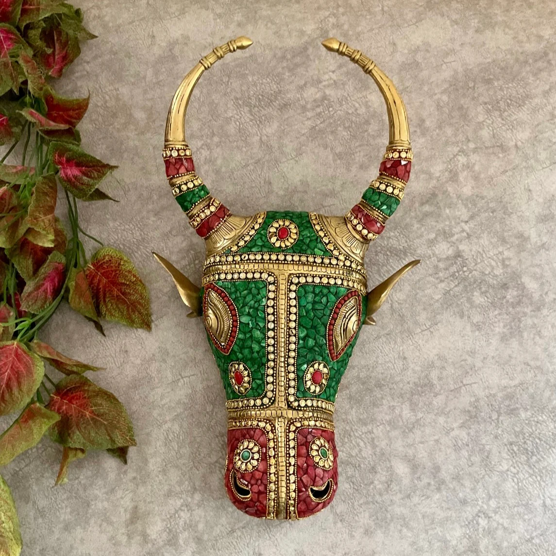 Nandi Brass Decor With Stonework - Divine Wall Hanging