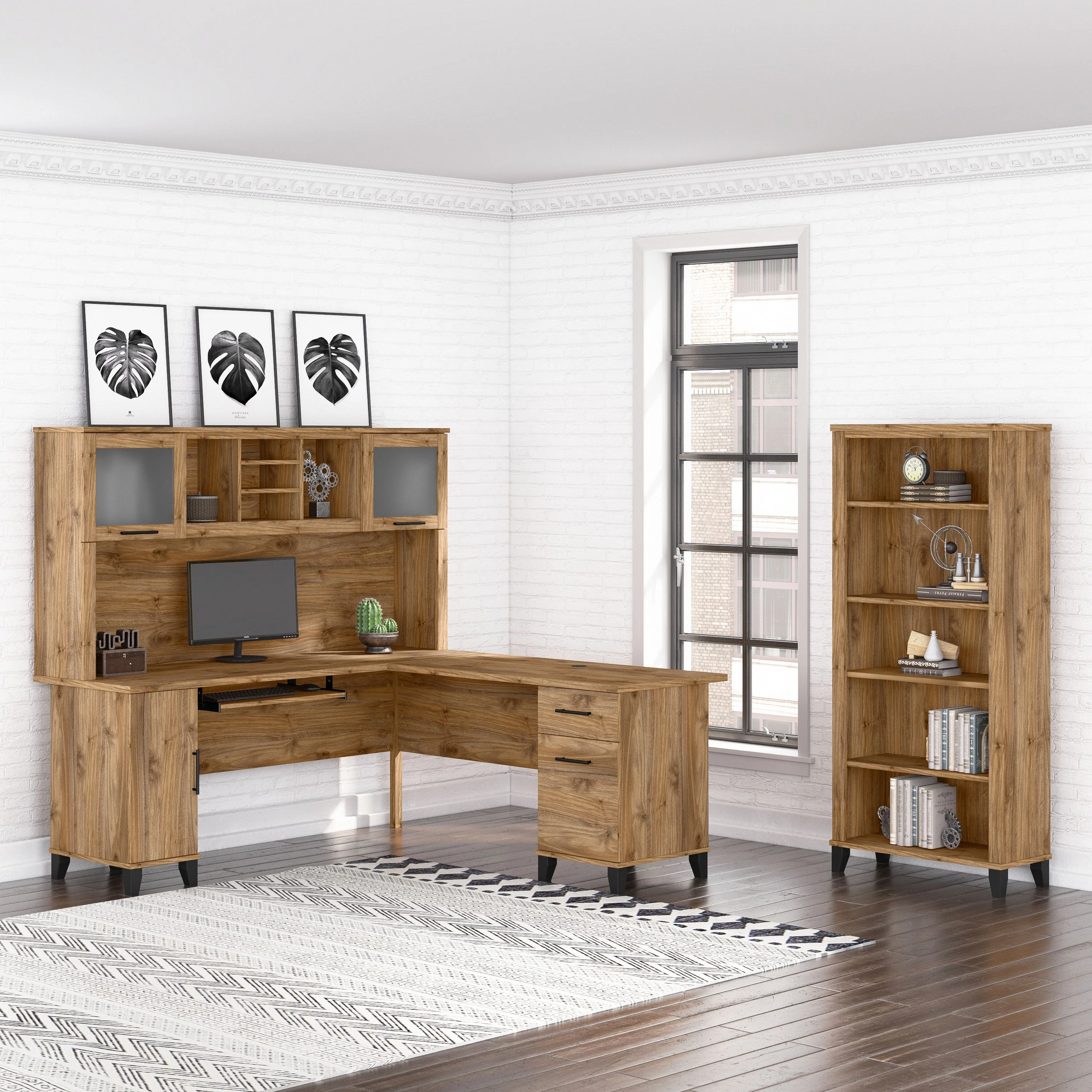 Somerset 72W L Shaped Desk with Hutch and 5 Shelf Bookcase