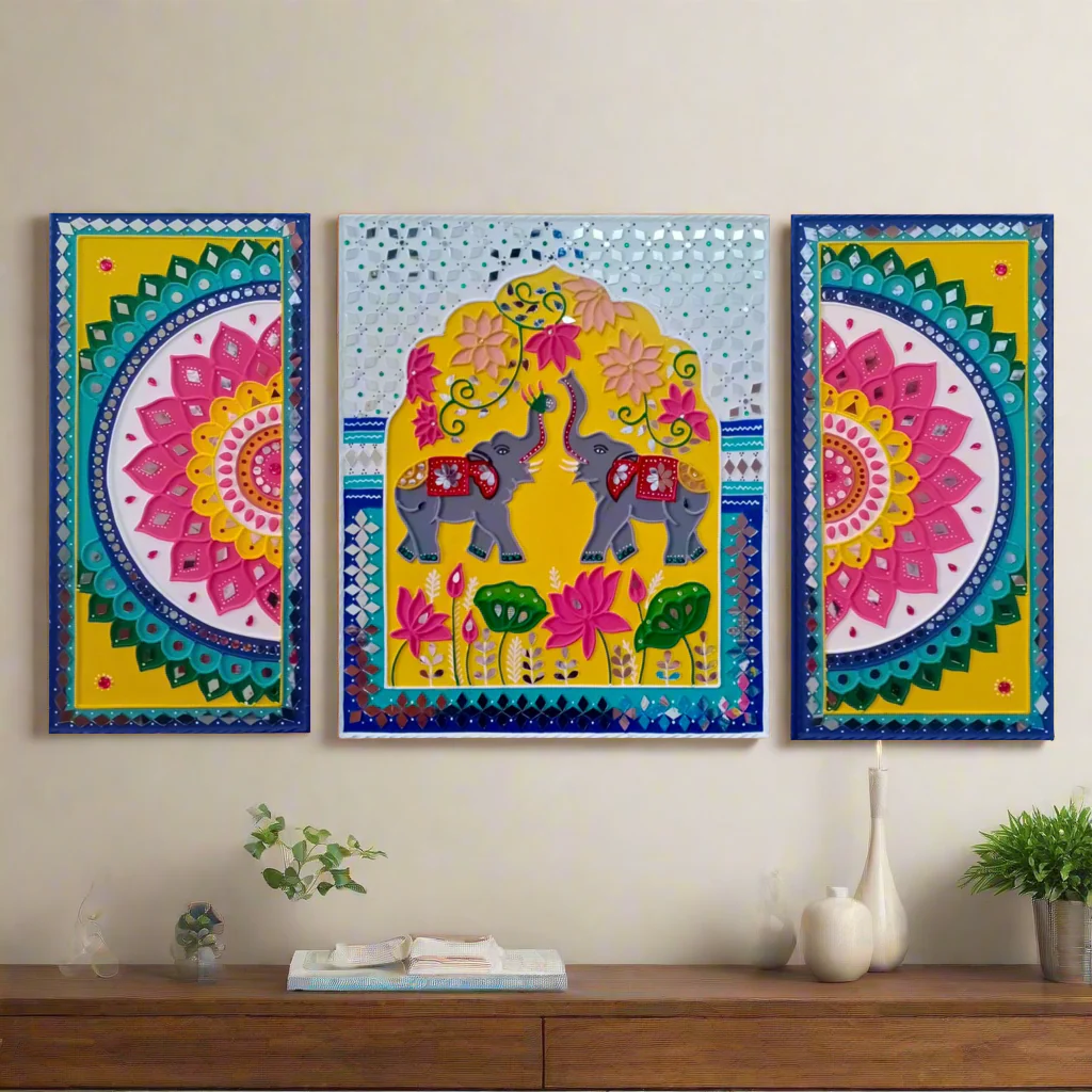 Elephant Flower Rangoli Lippan Wall Hanging - Clay Mirror Wall Decor (Set of 3)