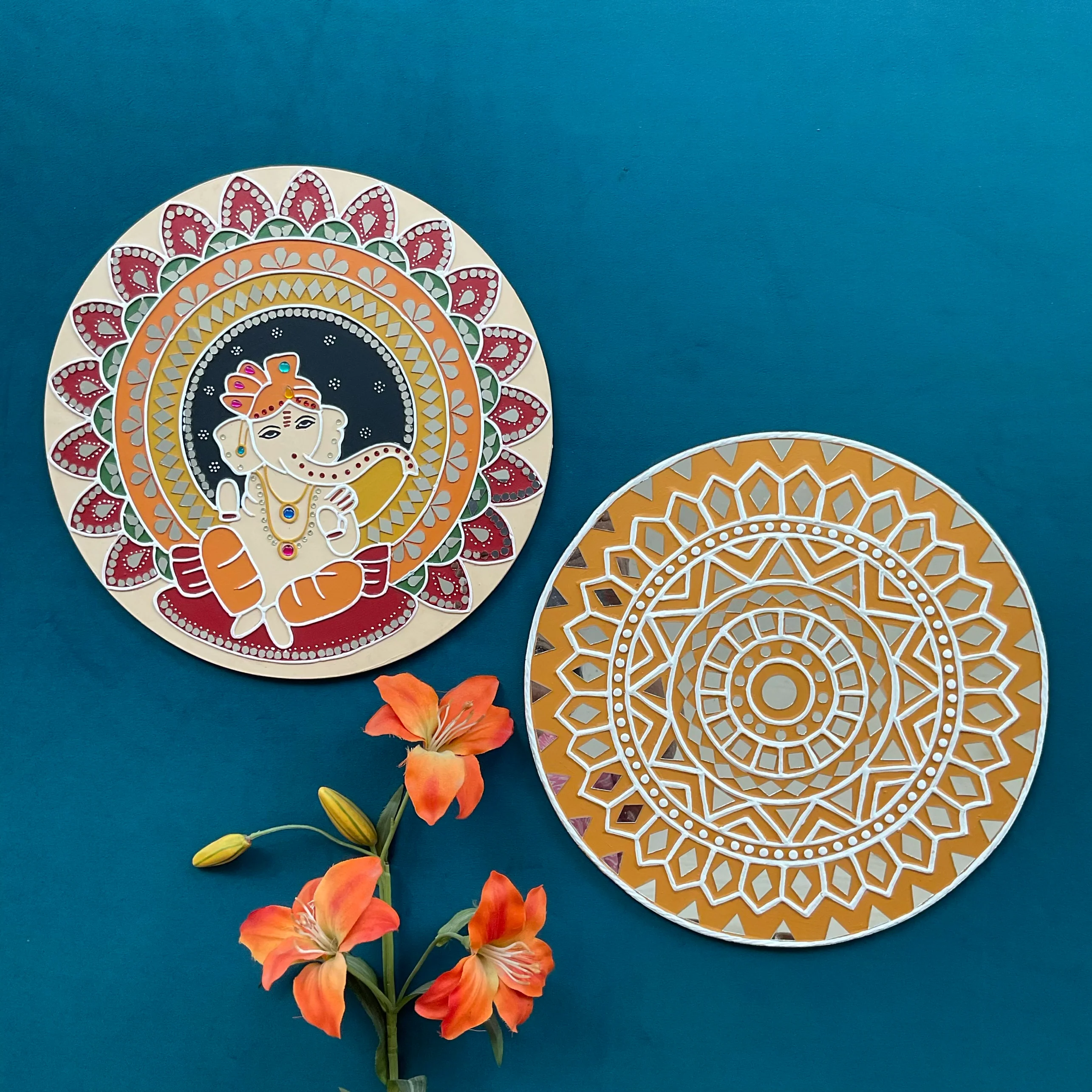 15 Inch Ganpati Lippan Art (Set of 2) Wall Hanging - Clay Mirror Wall Decor