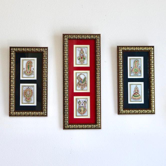 Handcrafted Jewelry Painting (Set of 3) - Wall Decor - 22K Gold Leaf Meenakari Marble Art