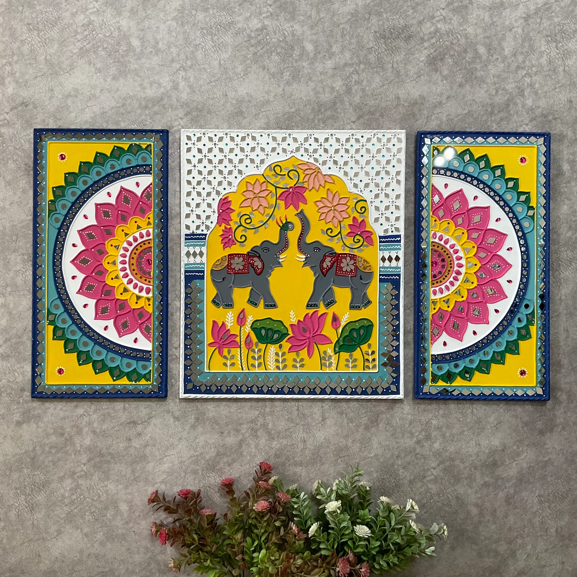 Elephant Flower Rangoli Lippan Wall Hanging - Clay Mirror Wall Decor (Set of 3)