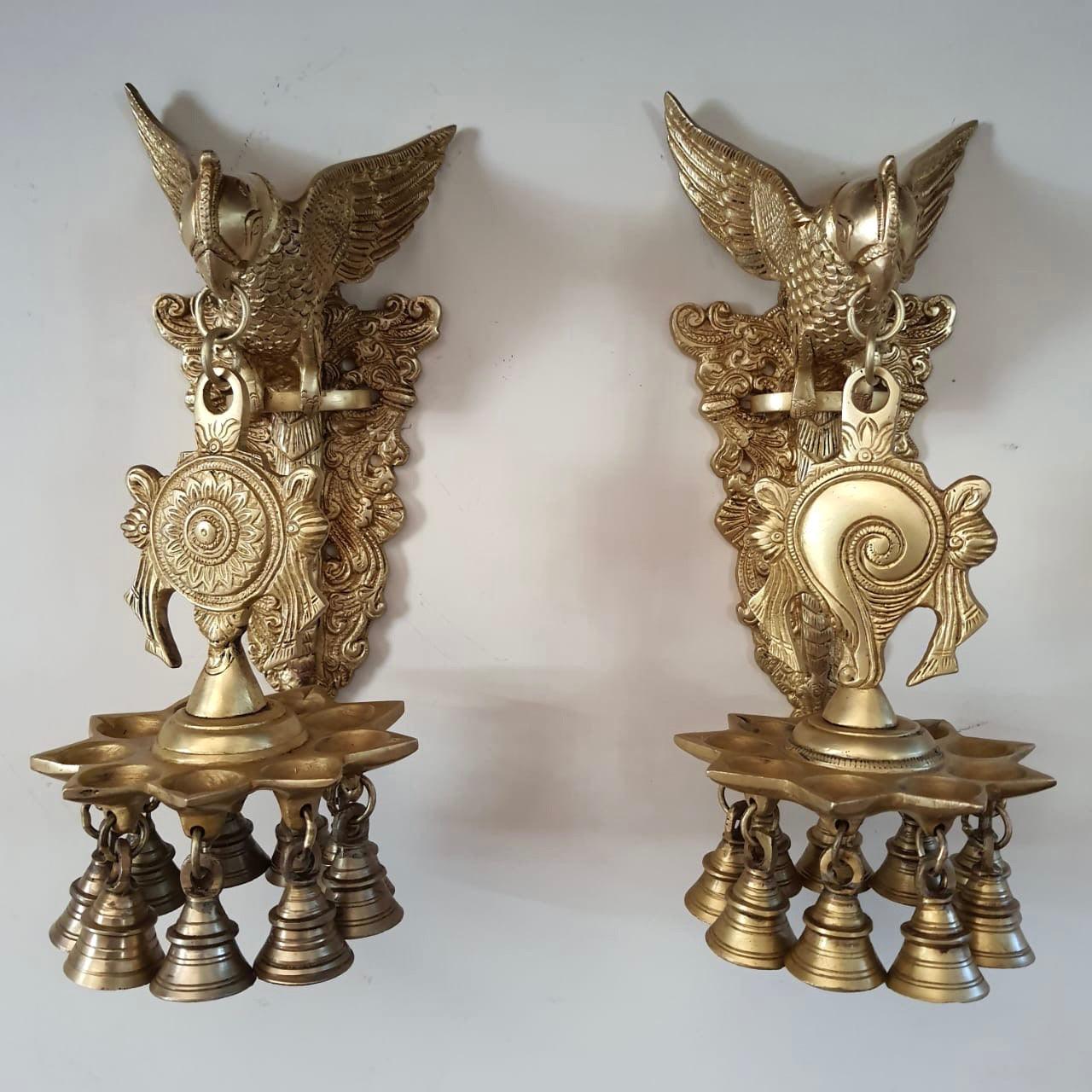 Parrot Hanging Diya & Bell - Shanku & Chakra (Set is 2) - Brass Wall Hanging - Decorative Antique finish