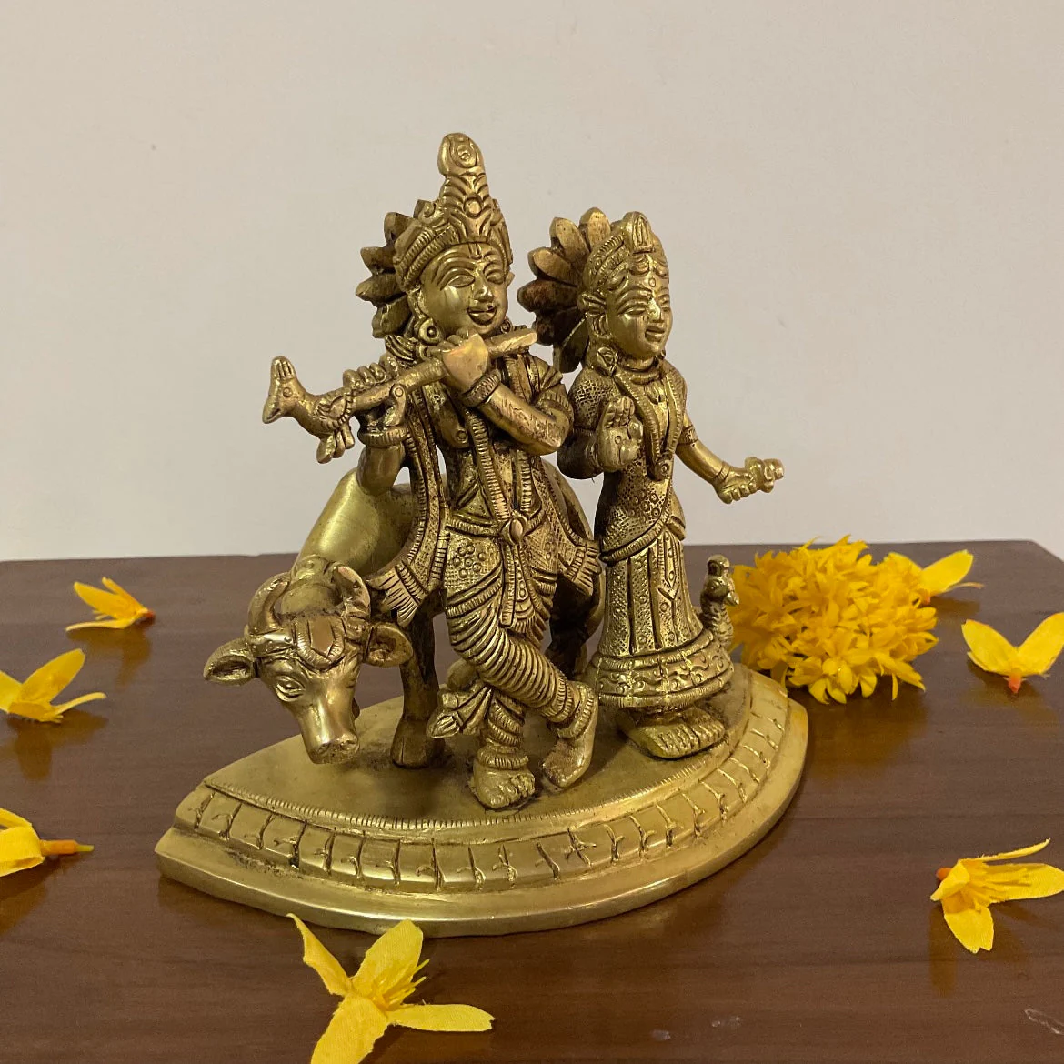 5.5 Inches Radha Krishna With Cow Brass Idol and Statue - Pooja Murti for Home - Festive Decor