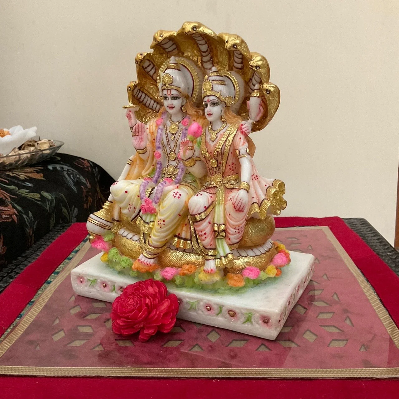 Lord Vishnu & Goddess Lakshmi Sitting On Anant Nag - Marble Dust Idol - Decorative Home Decor