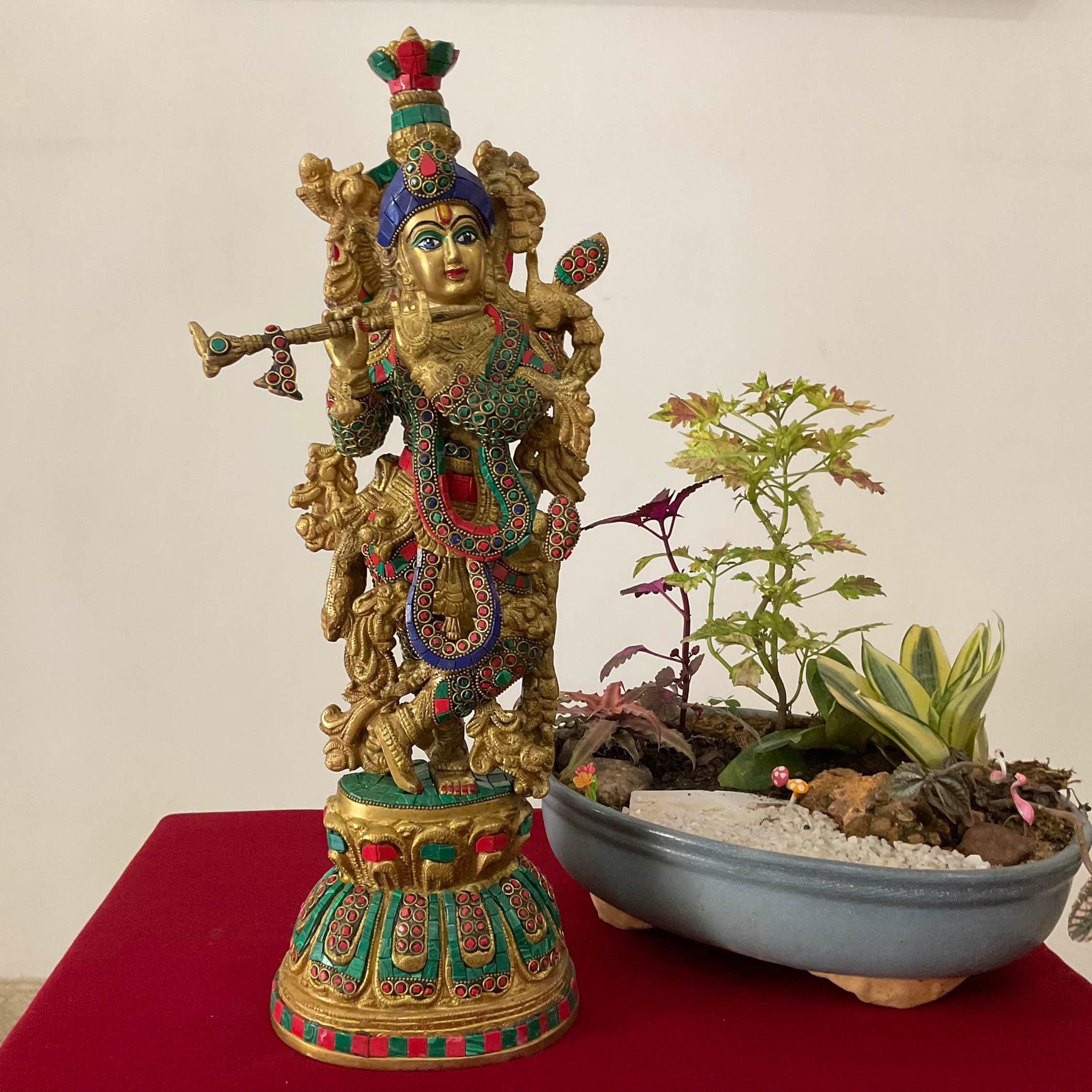 20 Inches Lord Krishna Statue, Brass Stonework Idol for Pooja, Home Entrance