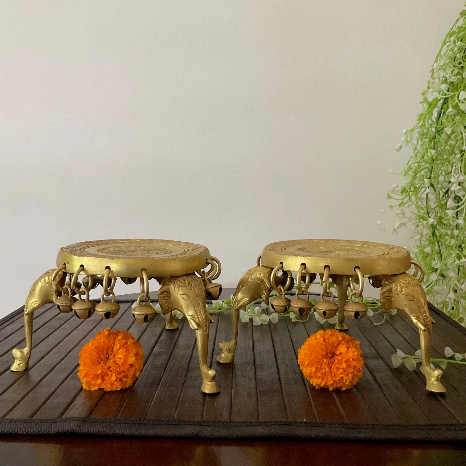 Elephant Brass Chowki With Bells For Idols And Pooja (Set of 2)