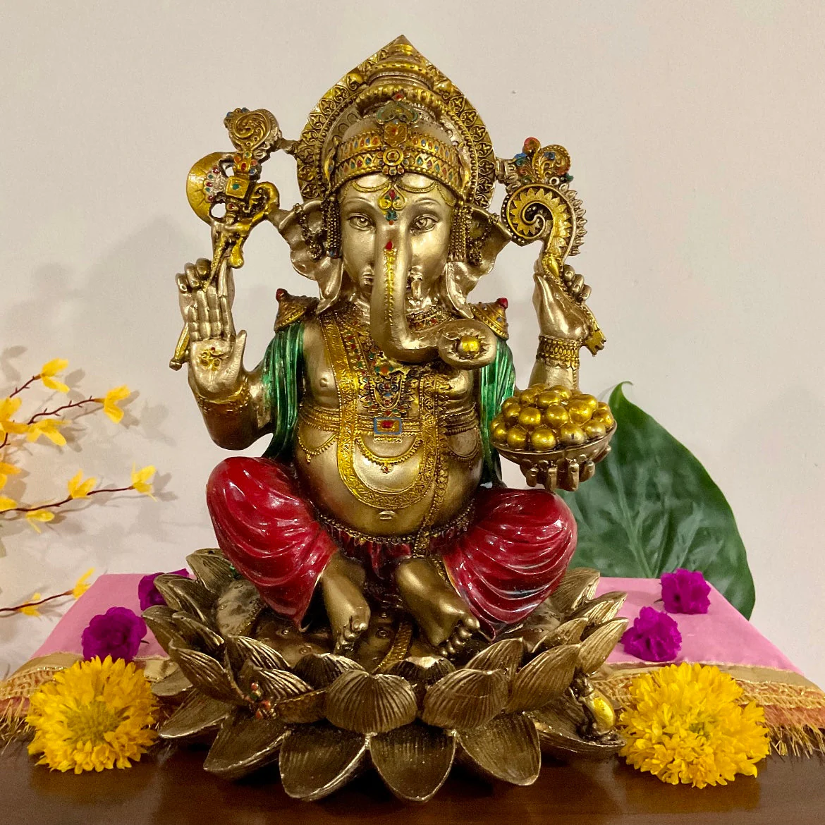 12 Inches Ganesha Statue, Copper Finish Marble Dust Resin Idol For Home