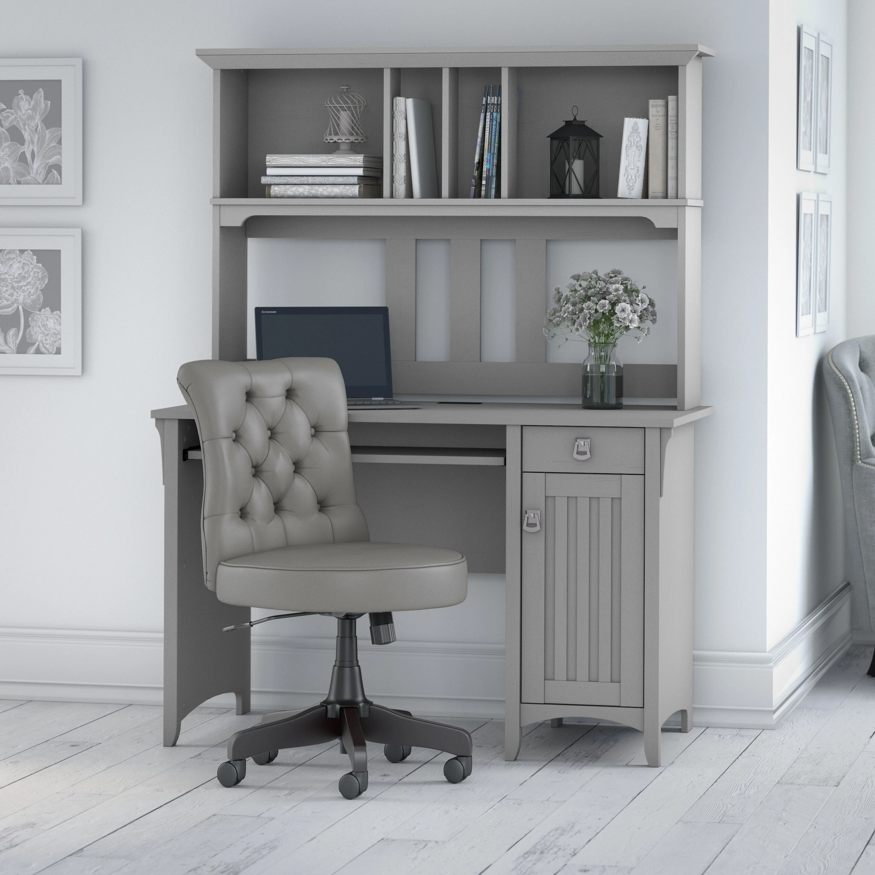 Salinas 48W Computer Desk with Hutch and Mid Back Tufted Office Chair