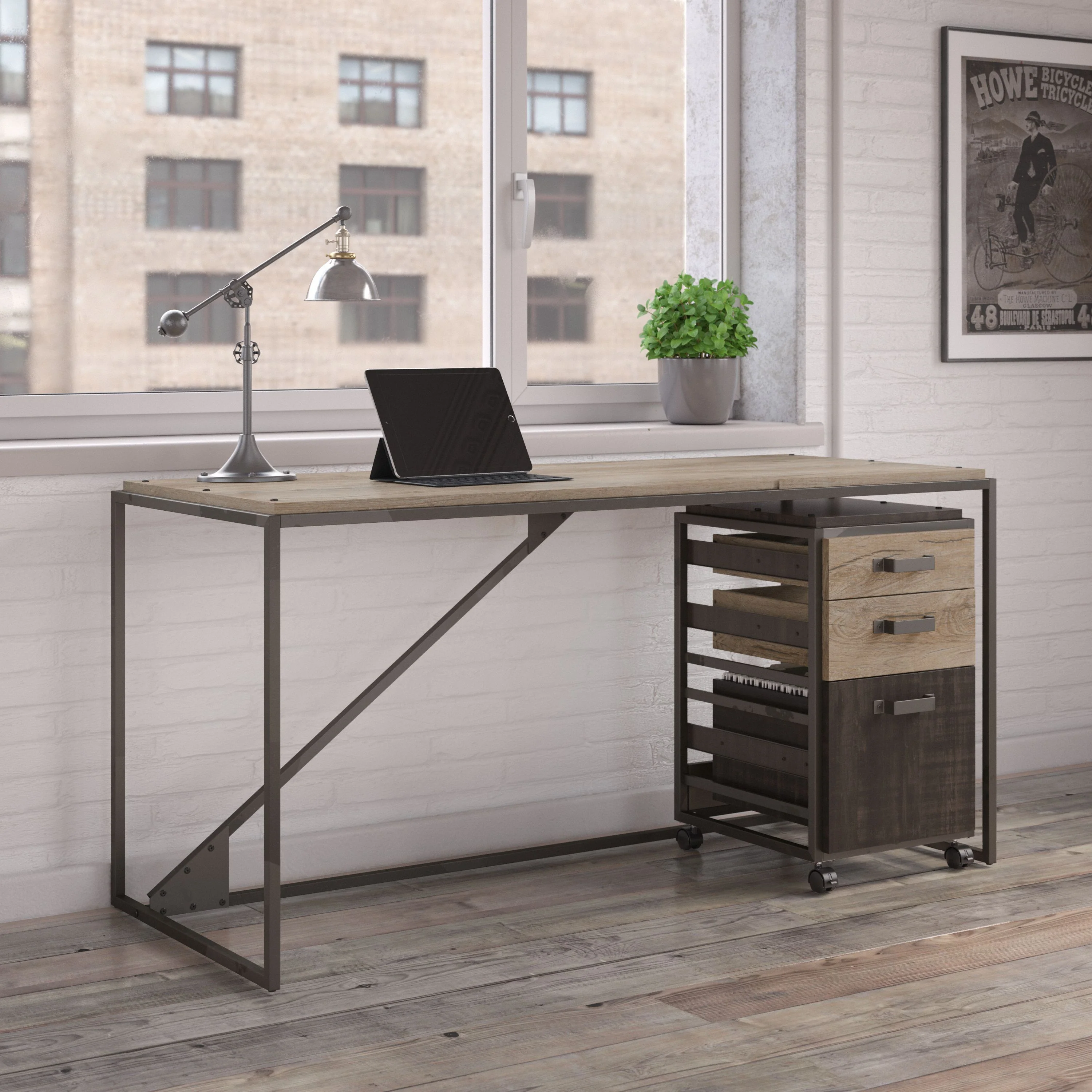 Refinery 62W Industrial Desk with 3 Drawer Mobile File Cabinet