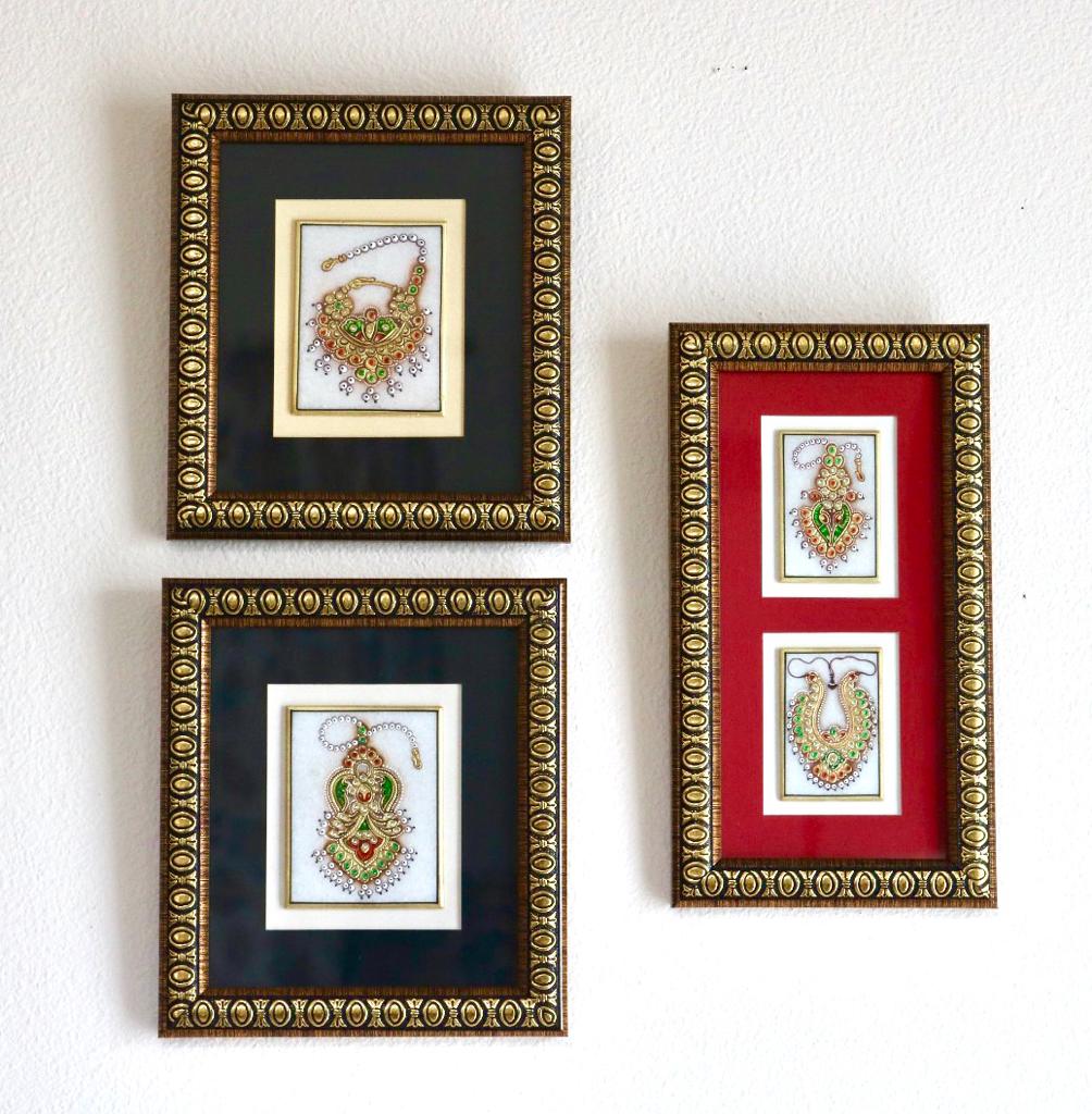 Handcrafted Jewelry Painting (Set of 3) - Wall Decor - 22K Gold Leaf Meenakari Marble Art