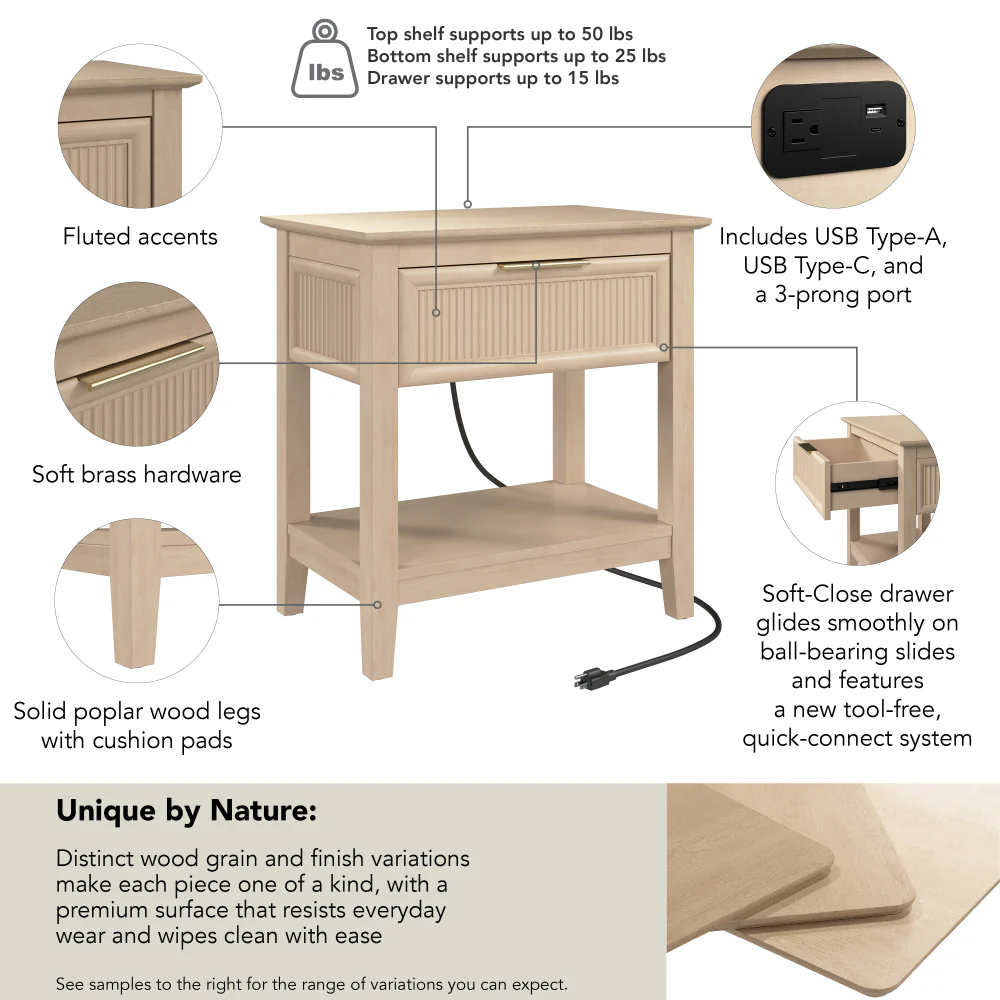 Bush Home Camille Fluted Nightstand with Drawer