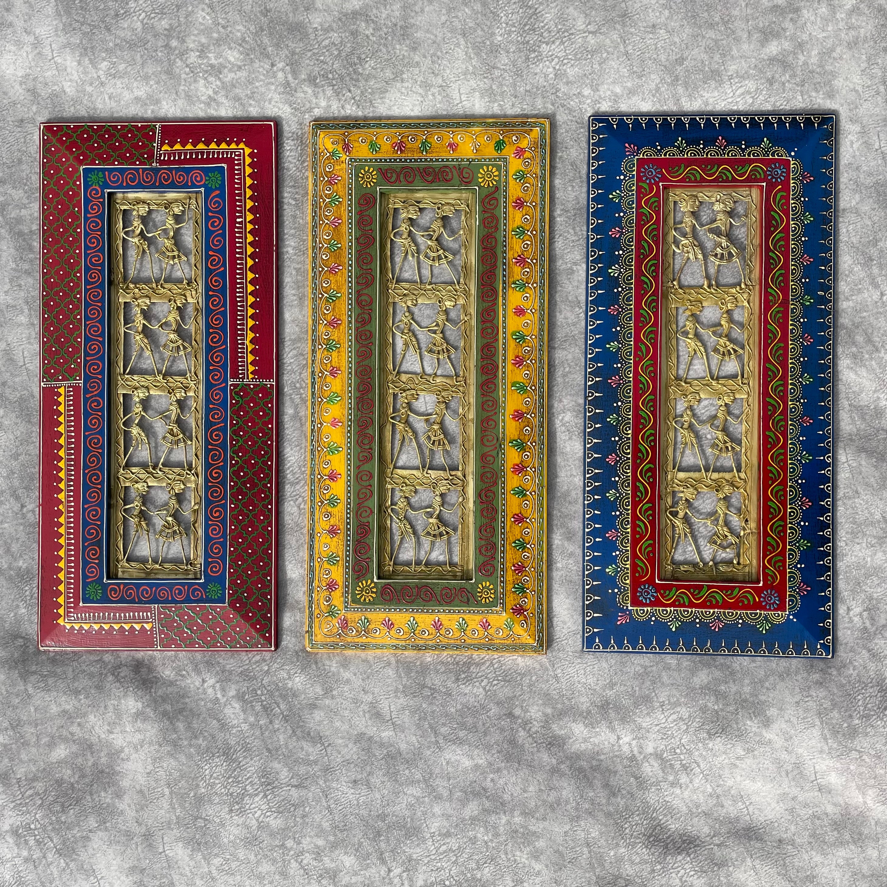 Dhokra Rajasthani Wall Decor 20 Inches (Set of 3) - Brass Wood Wall Hanging