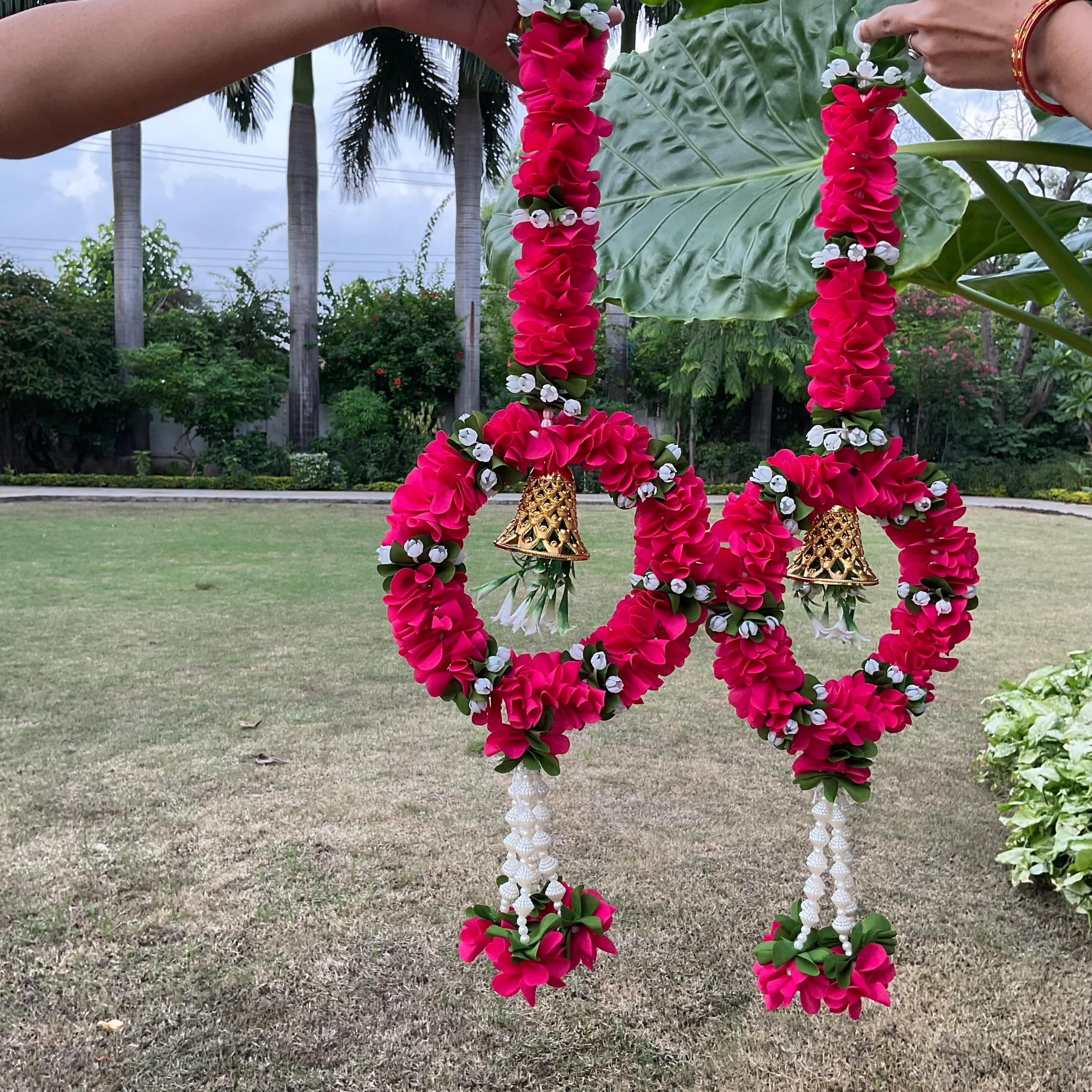 Artificial Pink Flower Ring With Bell (Set of 6) - Festive Housewarming Decoration Wall Hanging