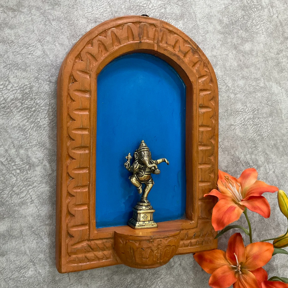 Ganesha Idol With Distressed Wooded Orange Half Round Frame Wall Hanging - Decorative Wall decor