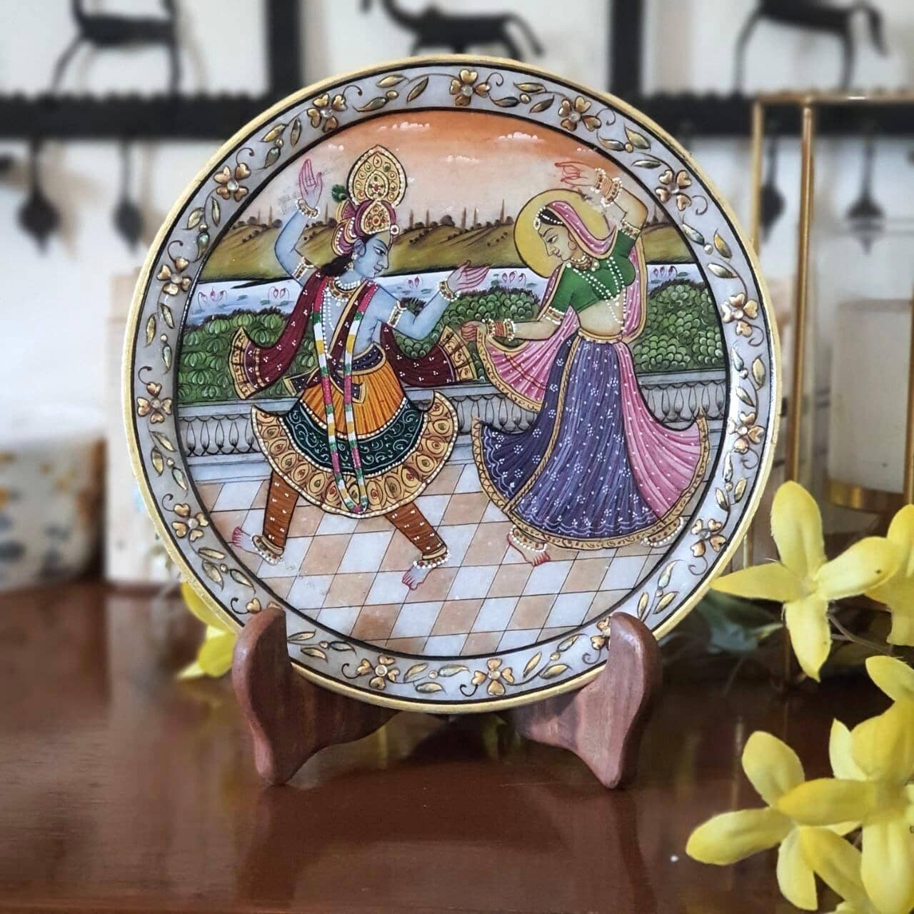 Lord Radha Krishna 9 Inches Marble Round Plate - Home Decor, Table Decor