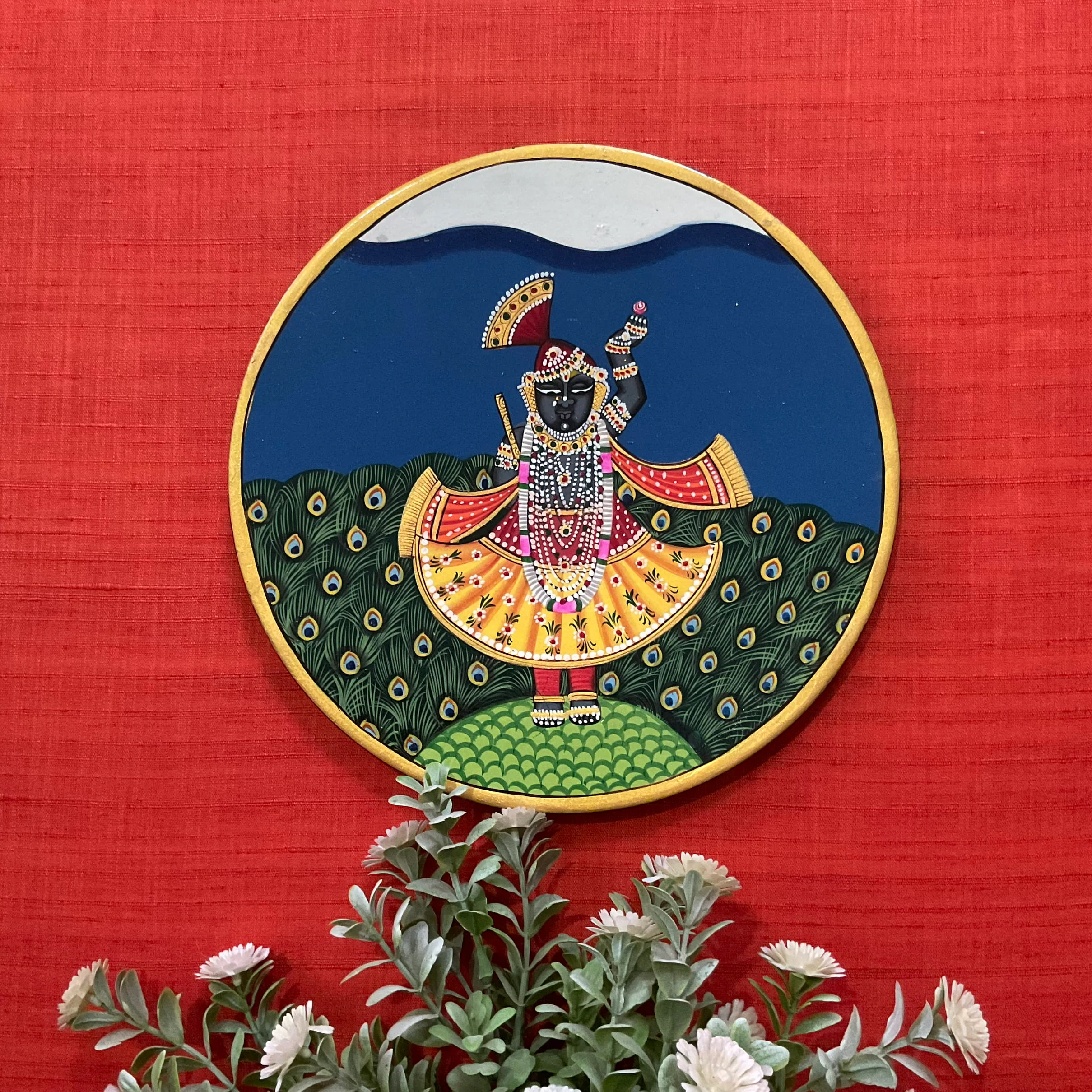 Krishna, Shrinathji Peacock Pichwai Wall Hanging - Decorative Round Plate