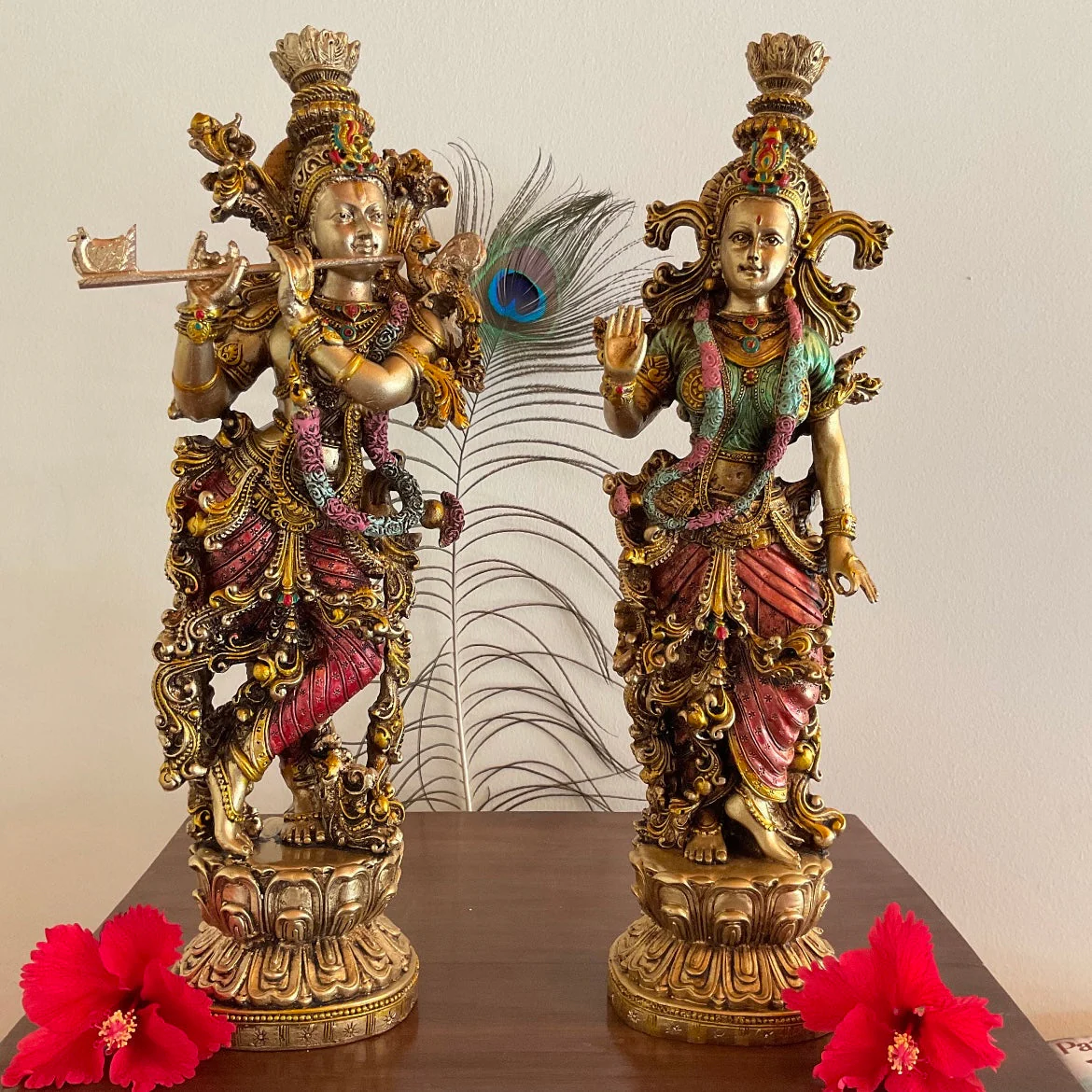 Copper Finish Radha Krishan Marble Dust Resin Idol Hindu God Pooja Statue, Home Decor