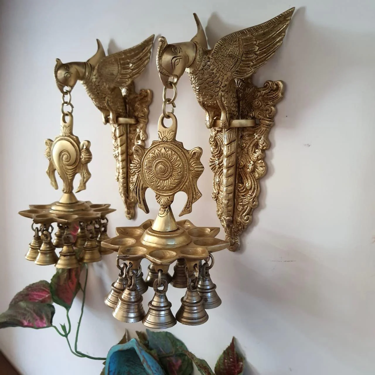 Parrot Hanging Diya & Bell - Shanku & Chakra (Set is 2) - Brass Wall Hanging - Decorative Antique finish