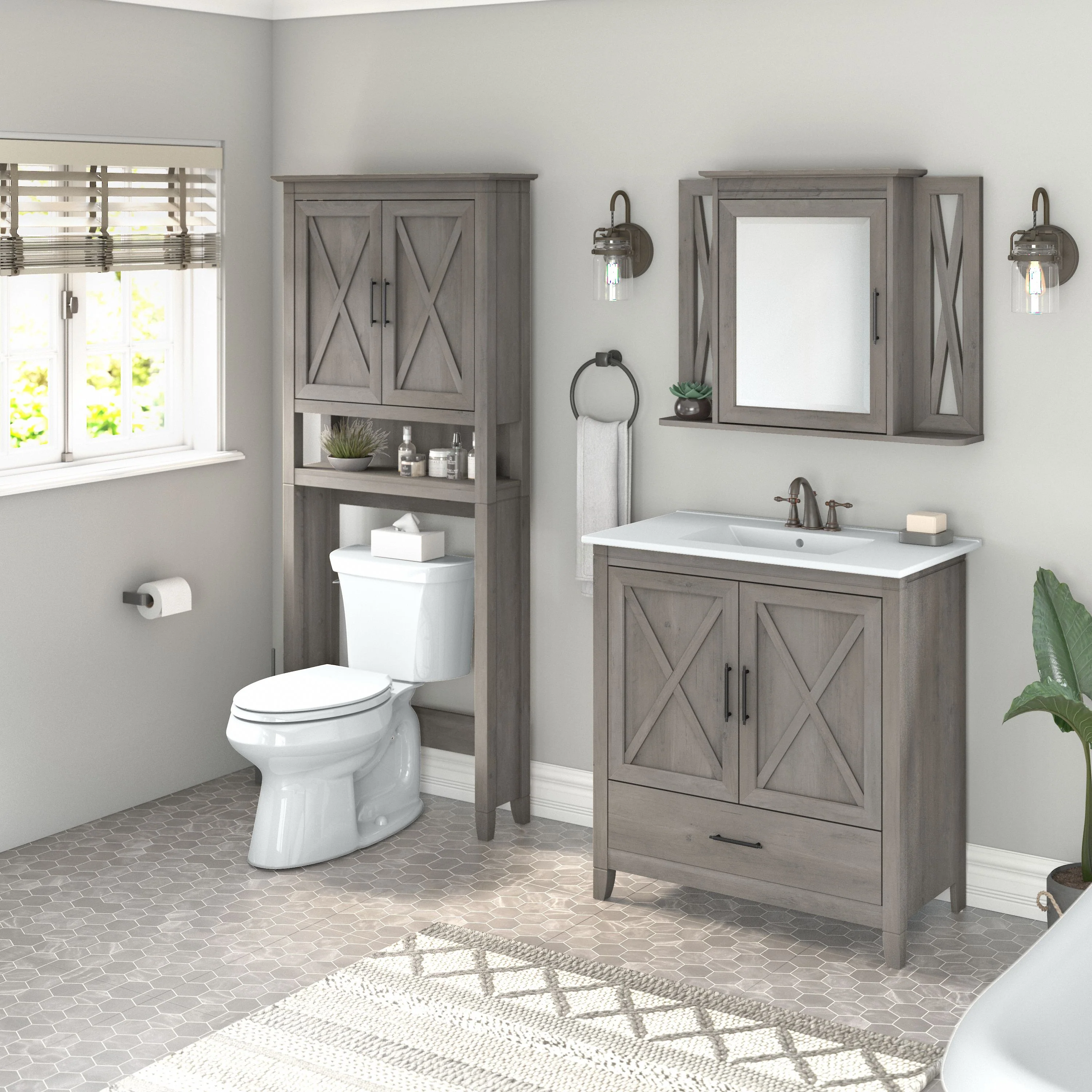 Key West 32W Bathroom Vanity Sink with Mirror and Over The Toilet Storage Cabinet