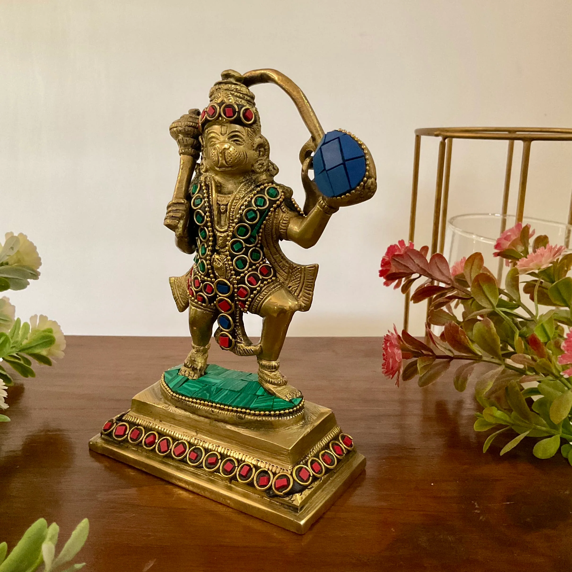 6 Inch Sankat Mocham Hanuman Brass Idol With Stonework