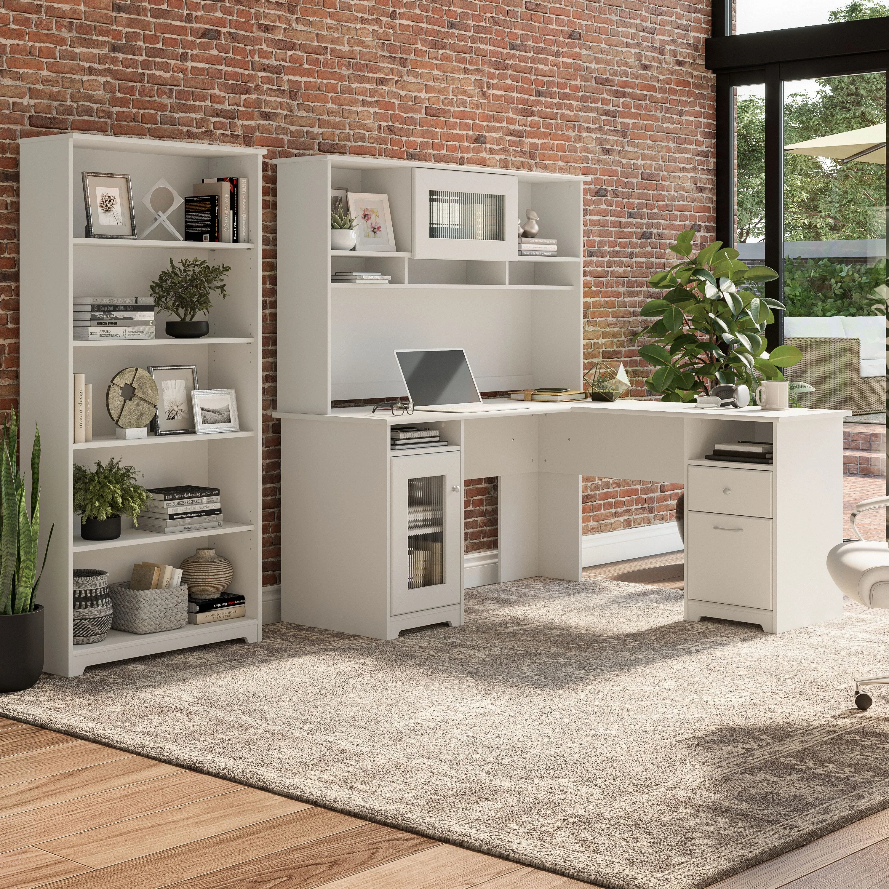 Cabot 60W L Shaped Computer Desk with Hutch and 5 Shelf Bookcase