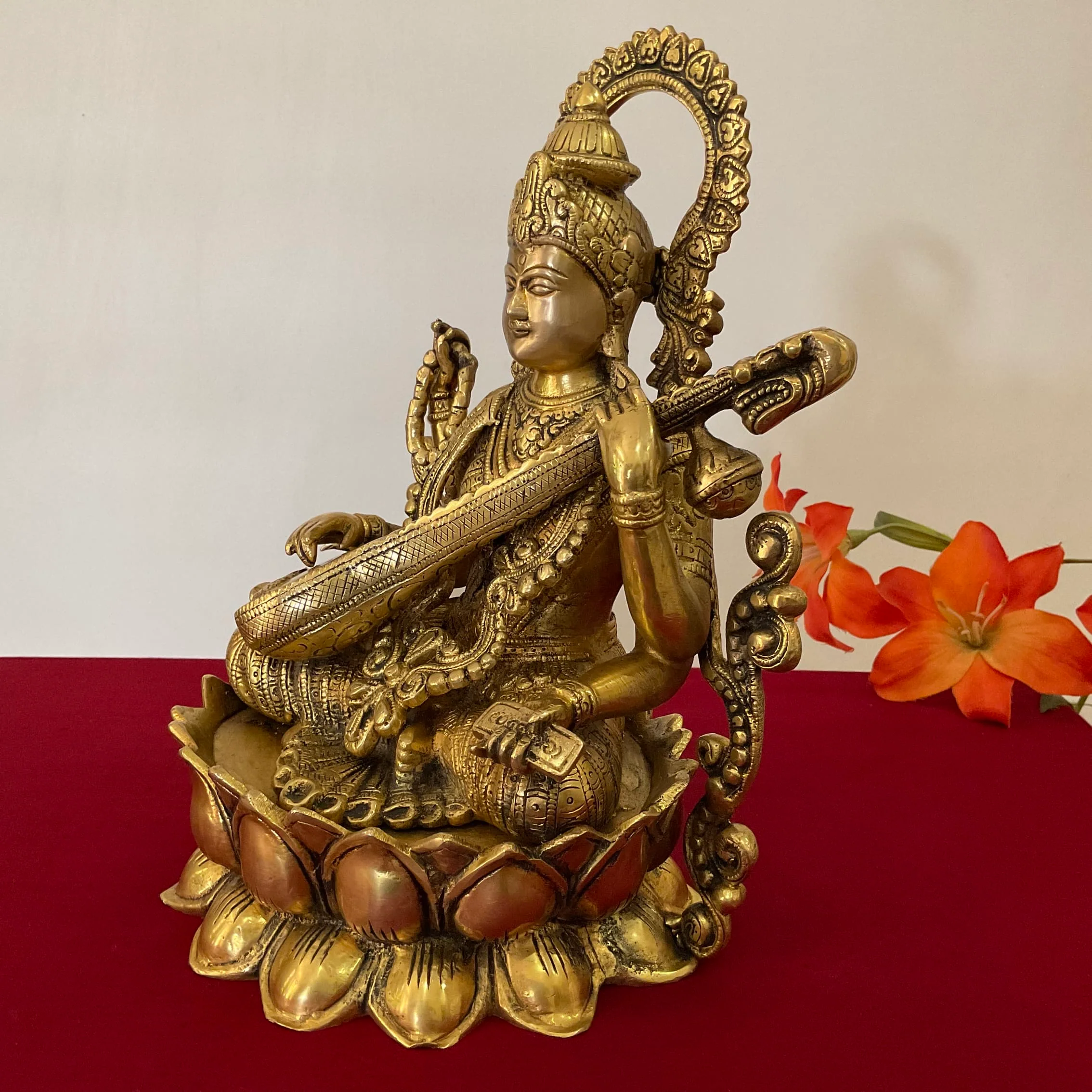 12 Inch Goddess Saraswati Brass Idol, Pooja Statue