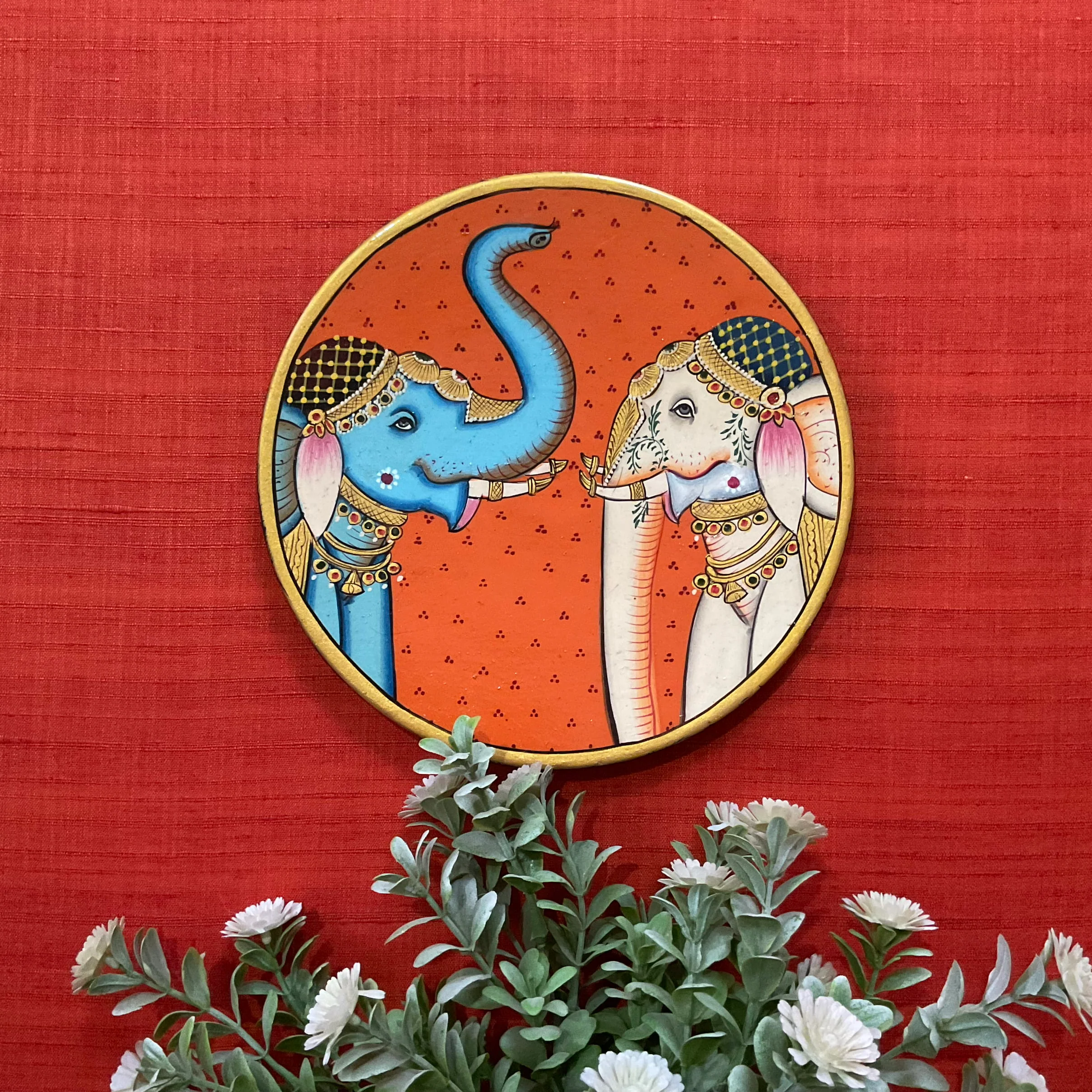Ganpati Elephant Pichwai Wall Hanging - Decorative Round Plate