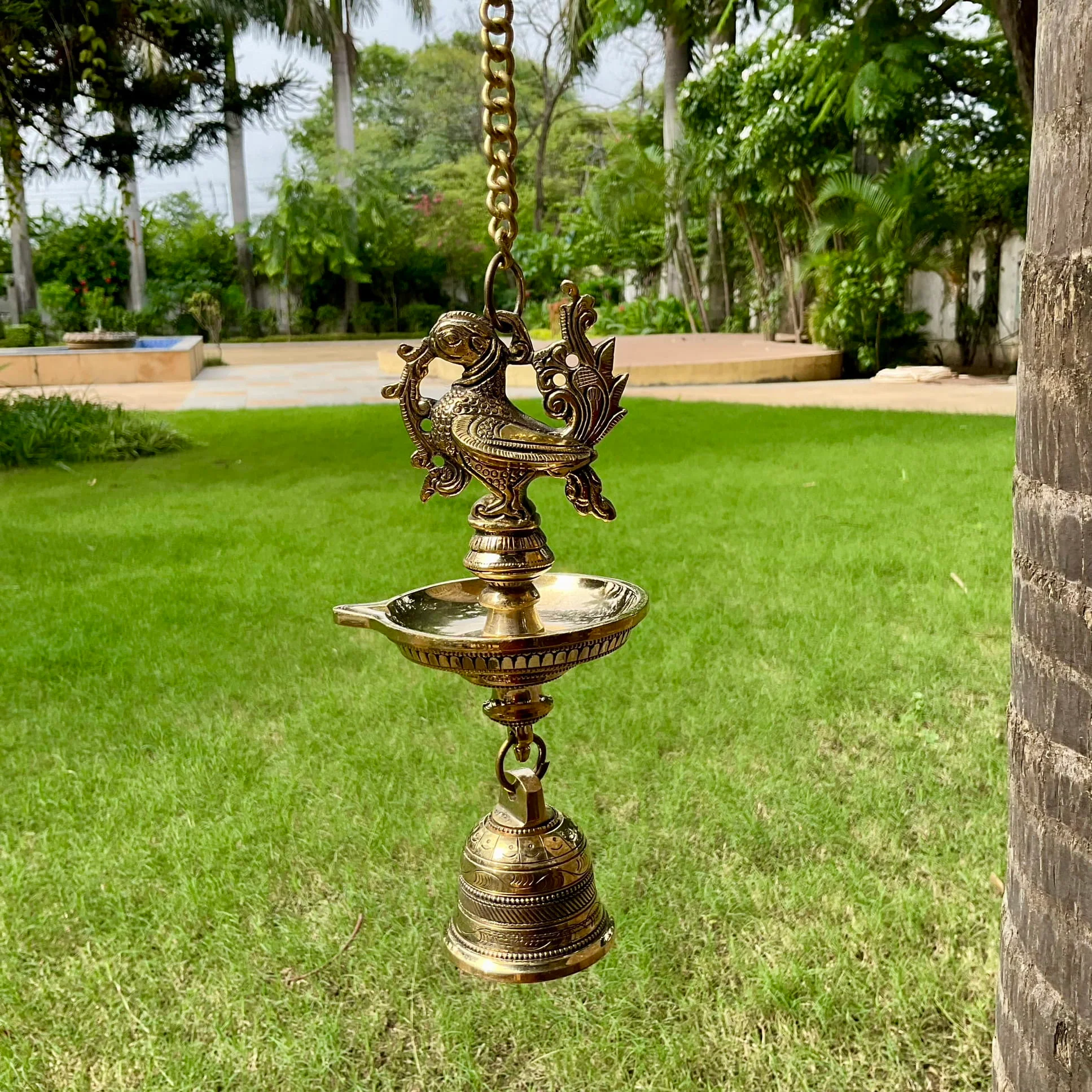 Annapakshi Hanging Diya Lamp With Bell Brass Festive Home Decor (Set of 2)