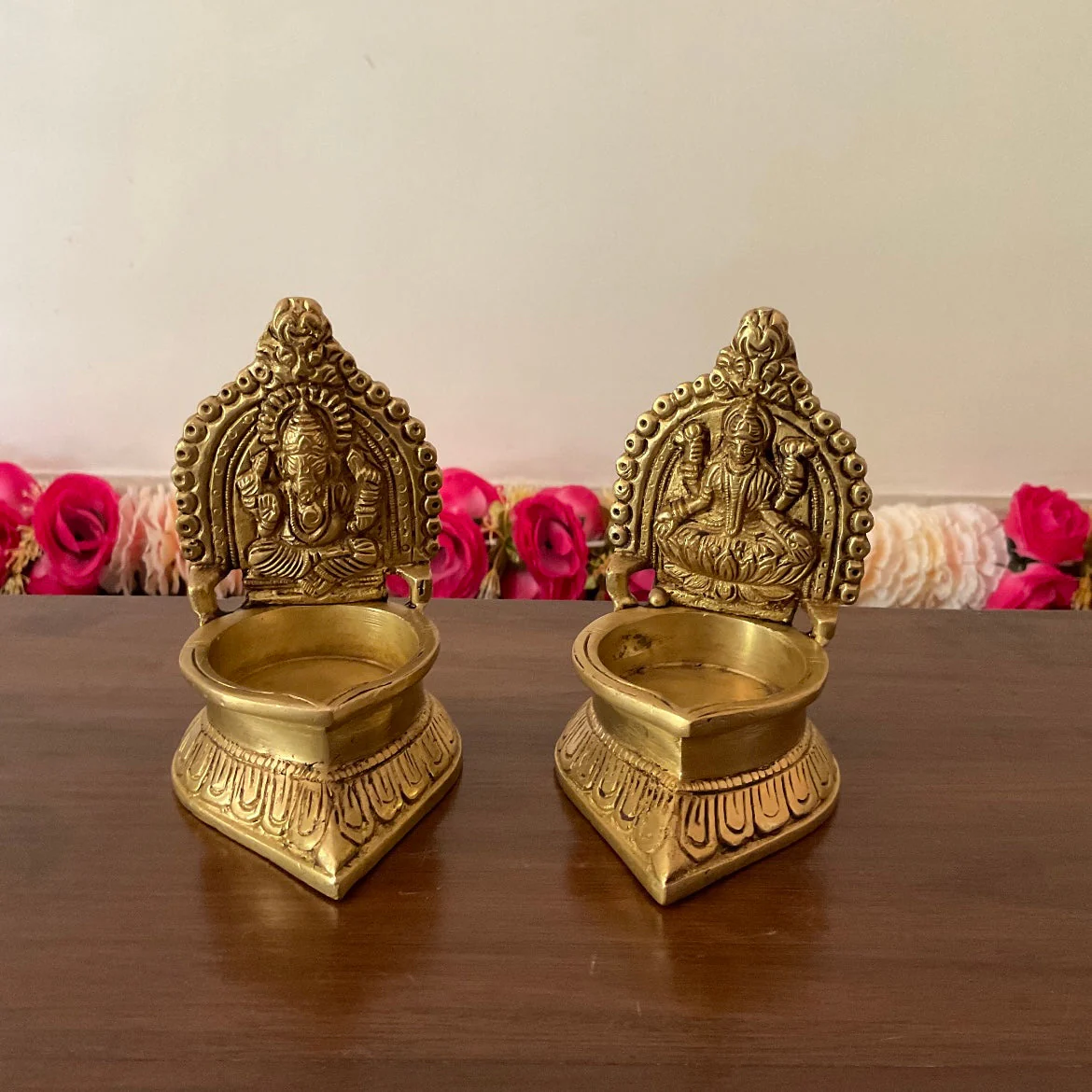 Lakshmi Ganesha Vilakku Diya (Set of 2) - Handmade Brass lamp - Decorative Festive Decor