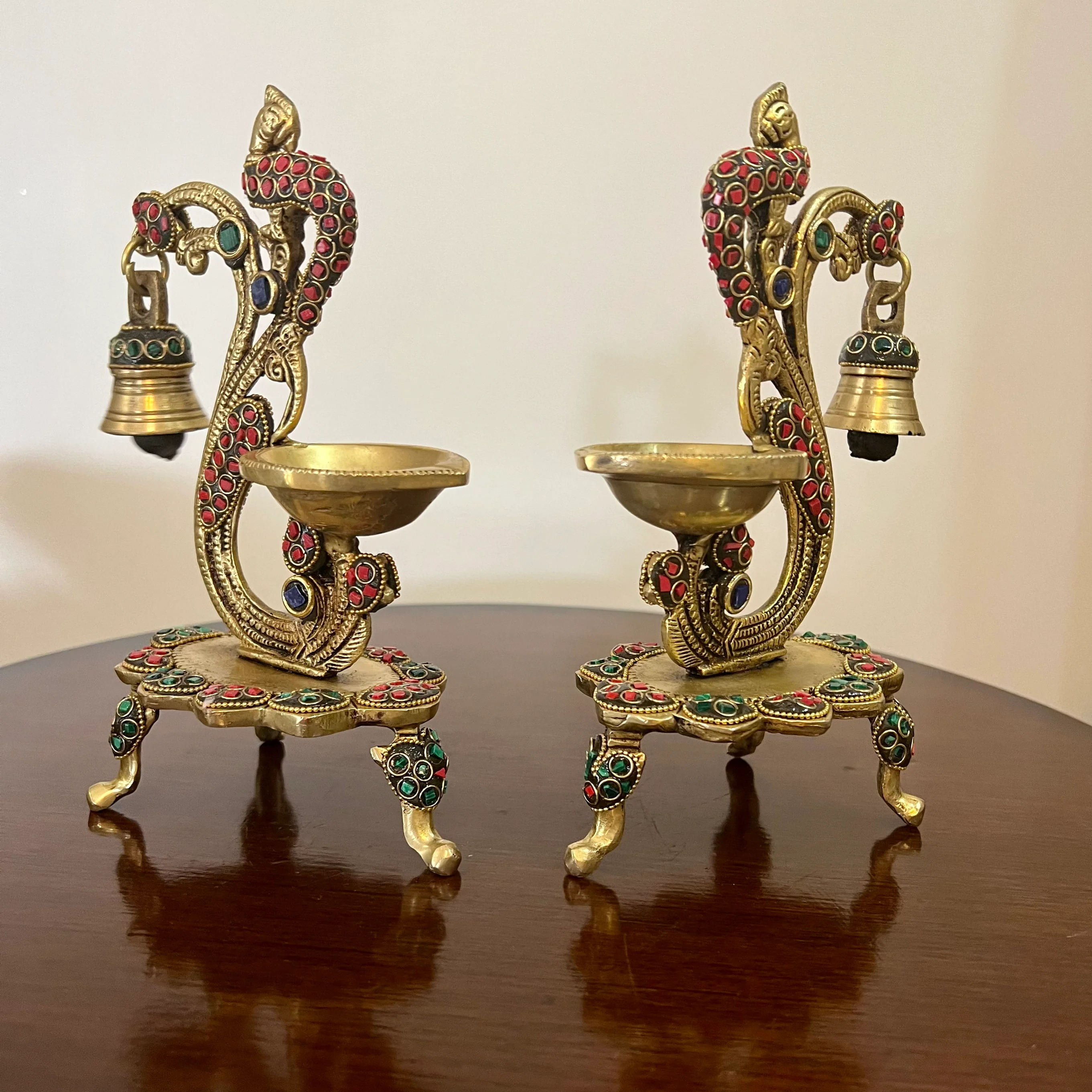 Peacock Diyas With Bell (Set of 2) Brass Stonework lamp - Indian housewarming Gift, Pooja Decor