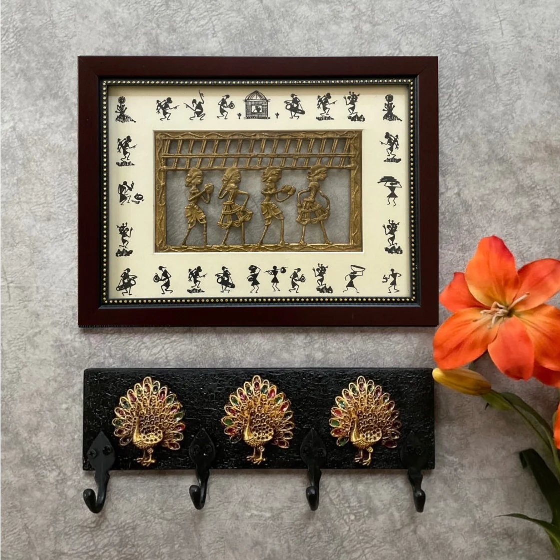 Dhokra Warli Wall Hanging & Peacock Key Holder (set of 2) - Wall Decor Hanging