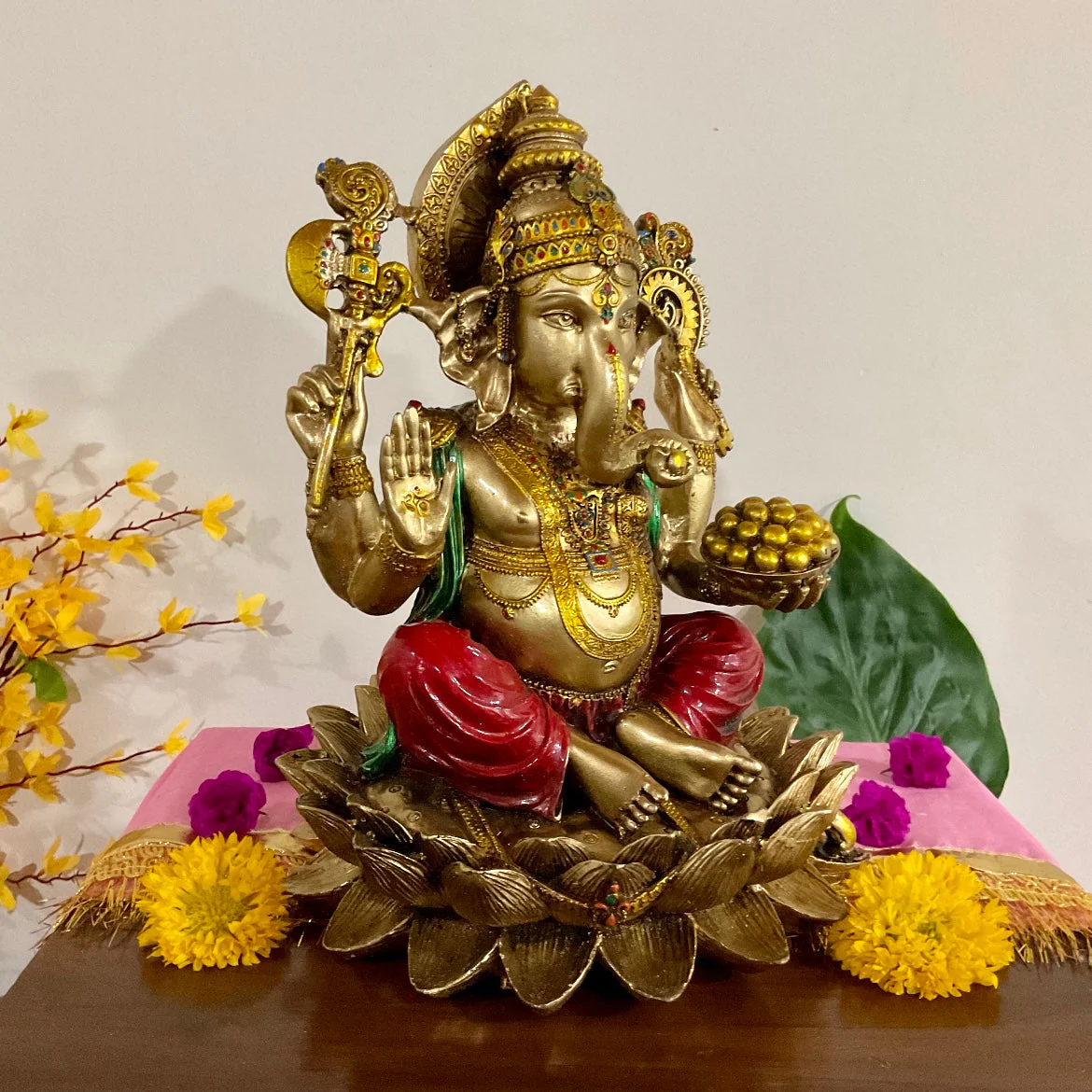 12 Inches Ganesha Statue, Copper Finish Marble Dust Resin Idol For Home