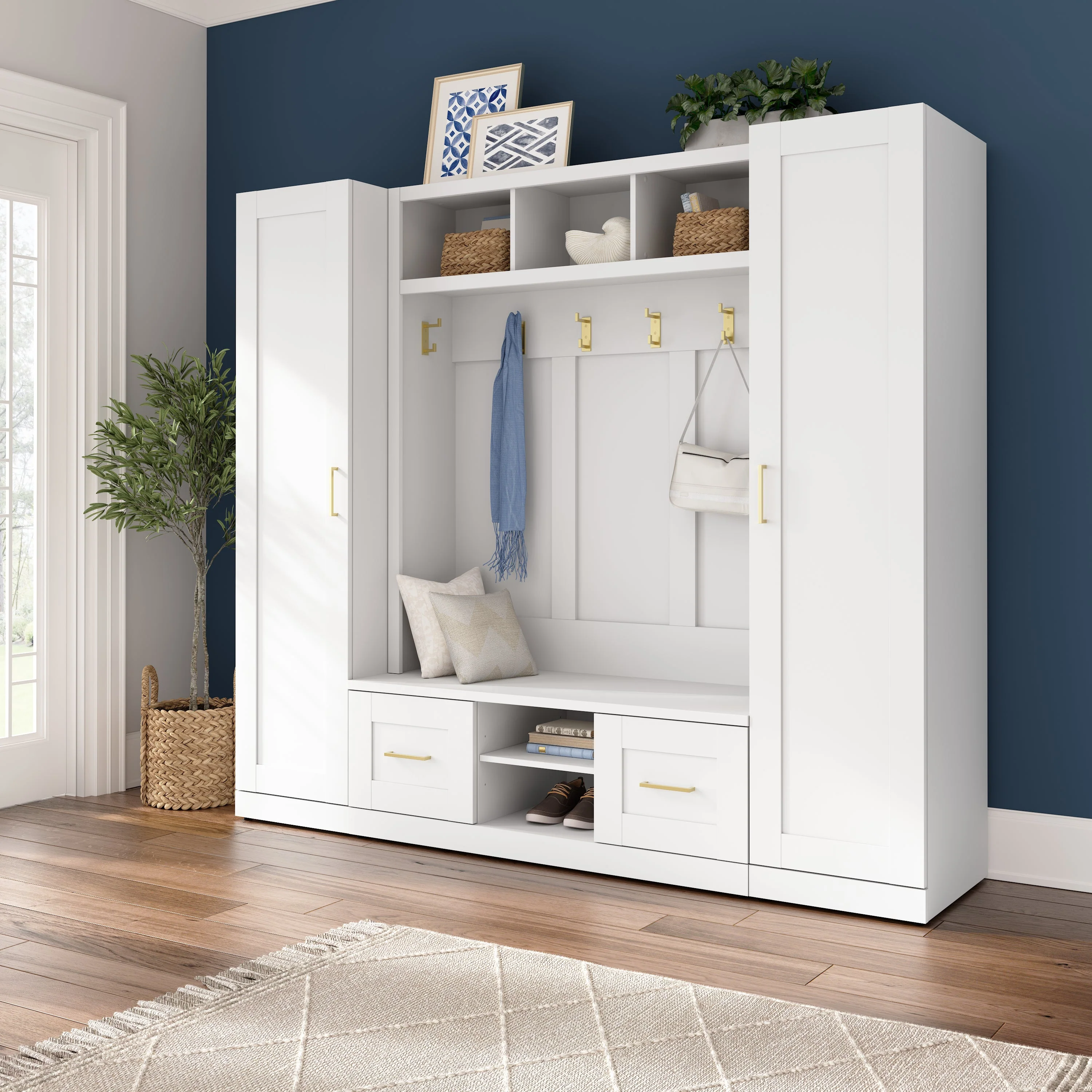 Hampton Heights Full Entryway Storage Set with Hall Tree, Shoe Bench with Doors and Narrow Cabinets