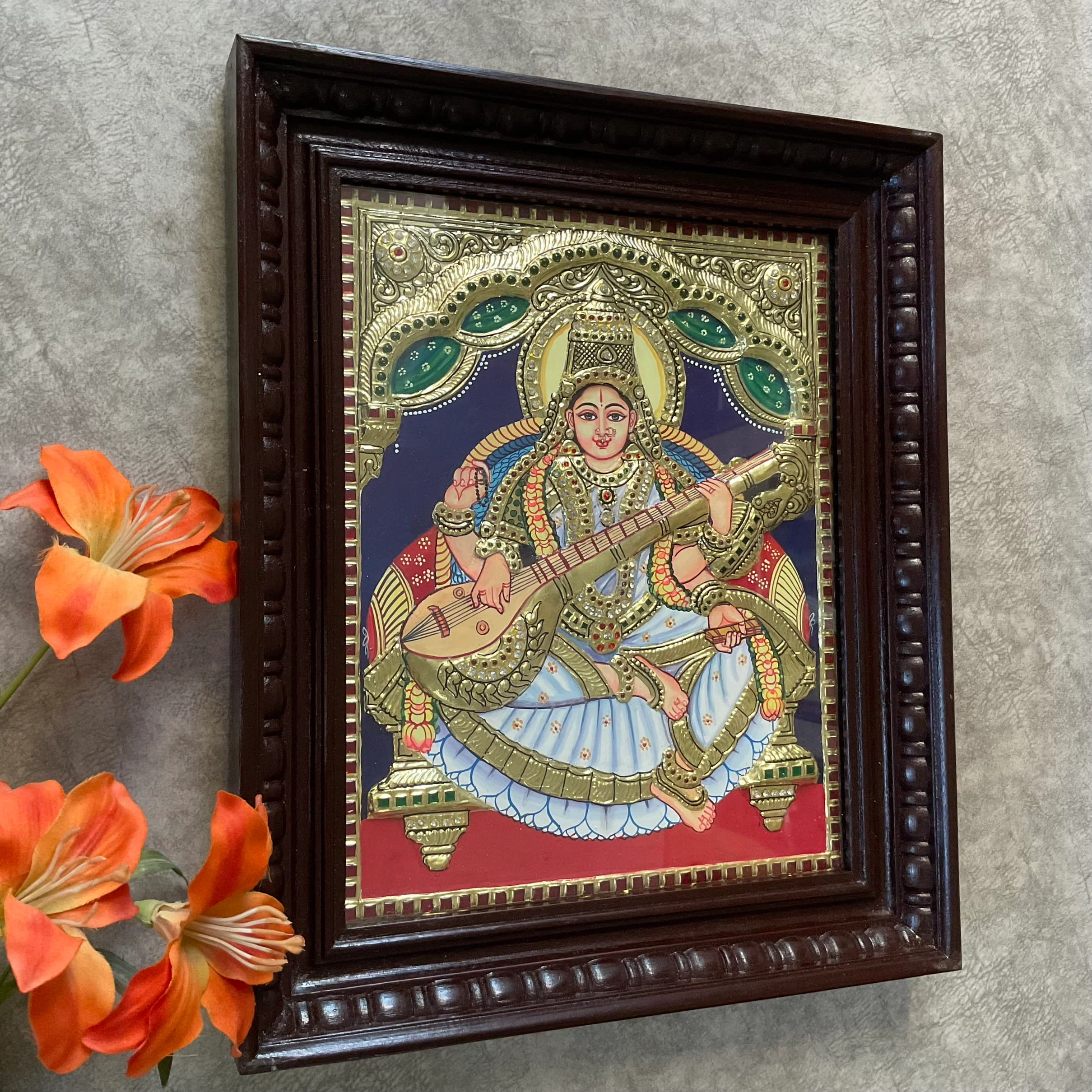 Goddess Saraswati 3D Tanjore Painting - Traditional Wall Art