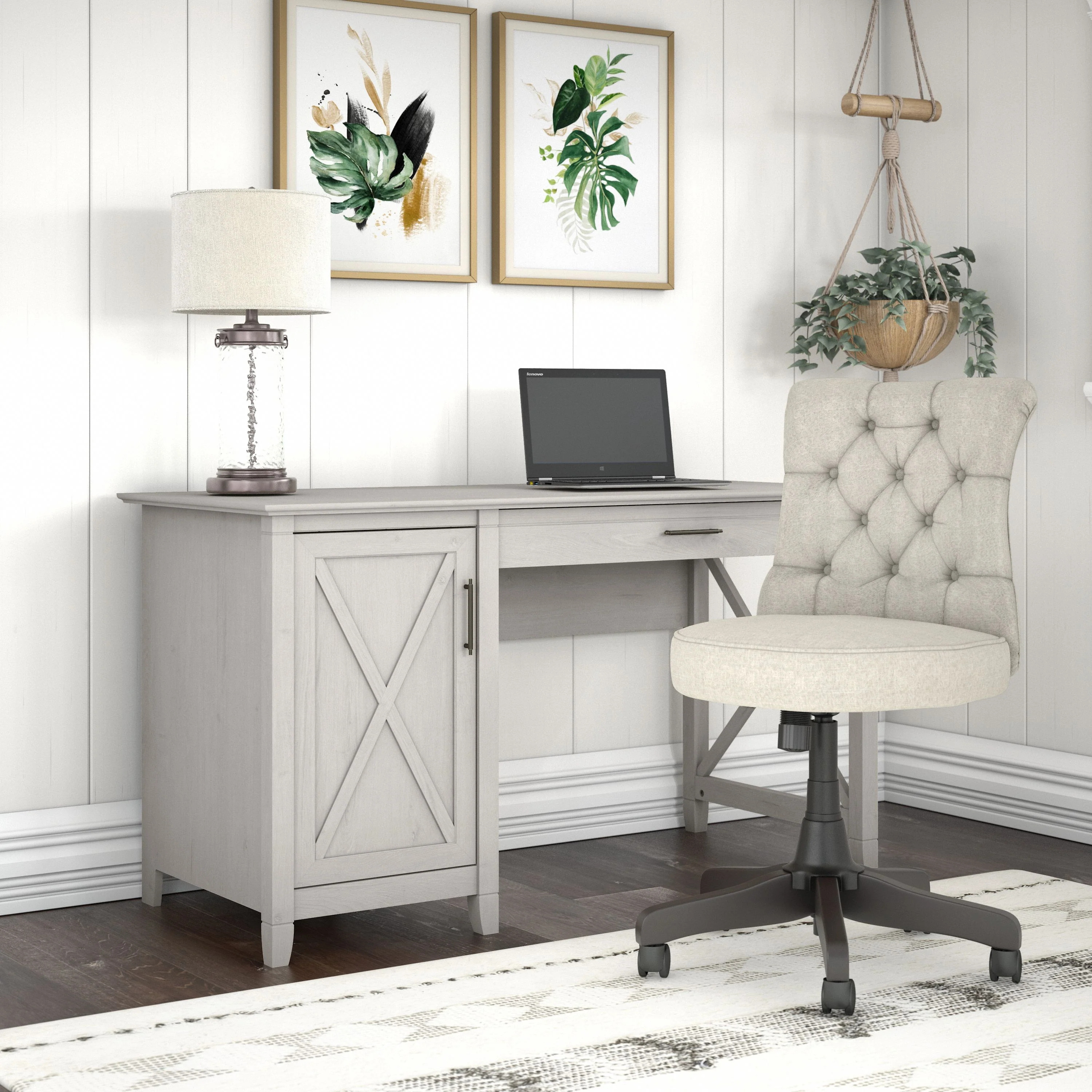 Key West 54W Computer Desk with Storage and Mid Back Tufted Office Chair