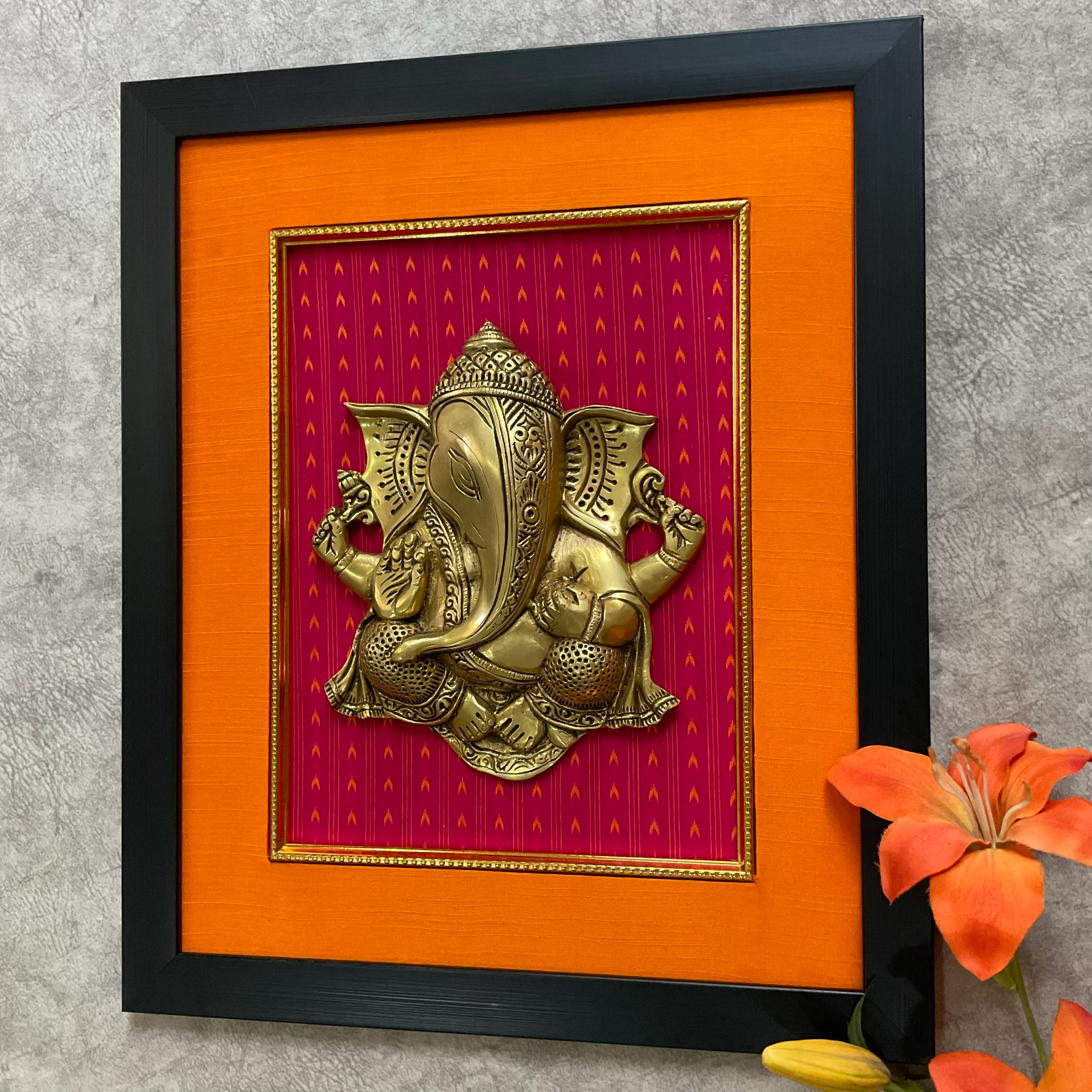 Framed Brass Ganesha Lotus Wall Hanging (Set of 3)