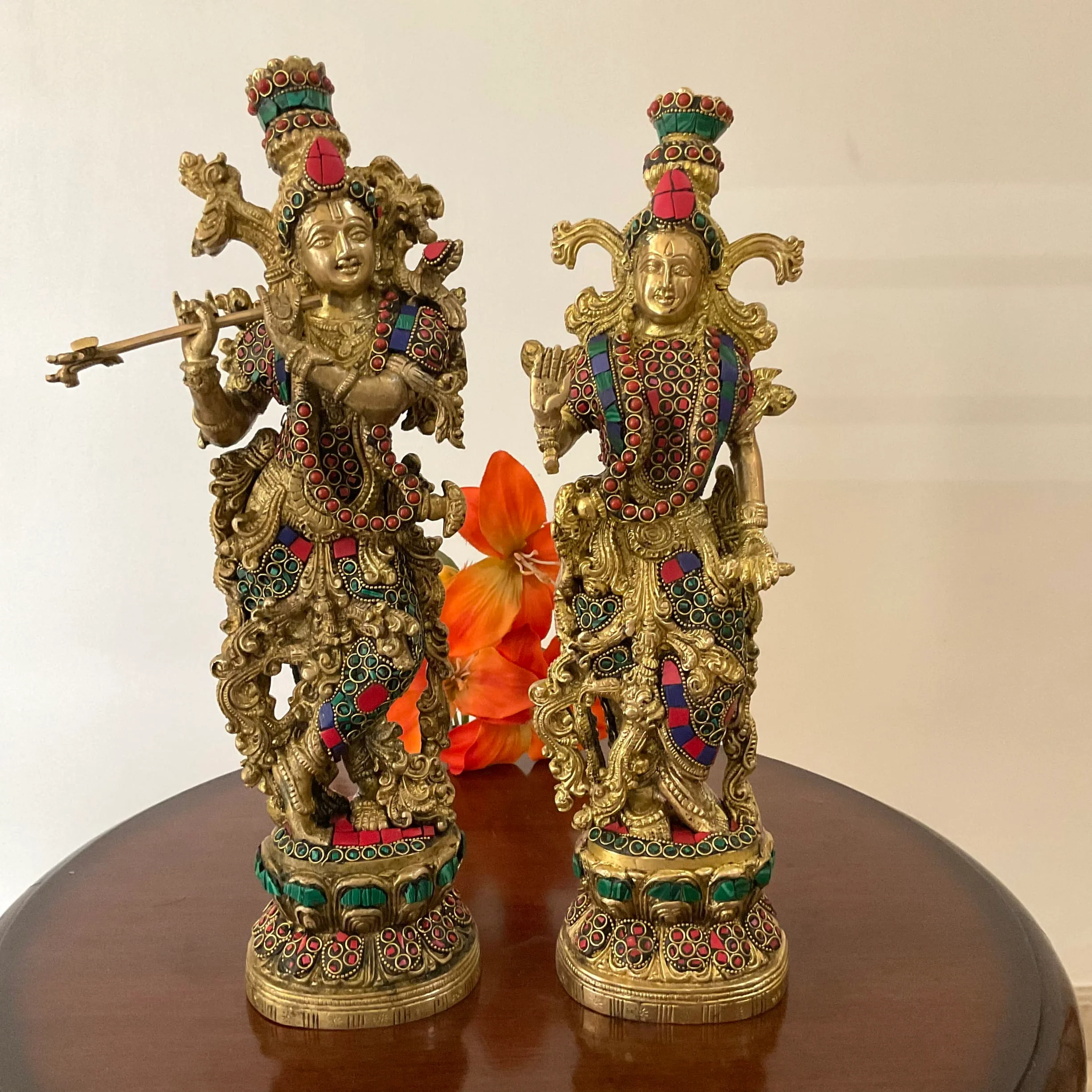 14 Inches Radha Krishna Idol Brass Stonework - Decorative Figurines For Home