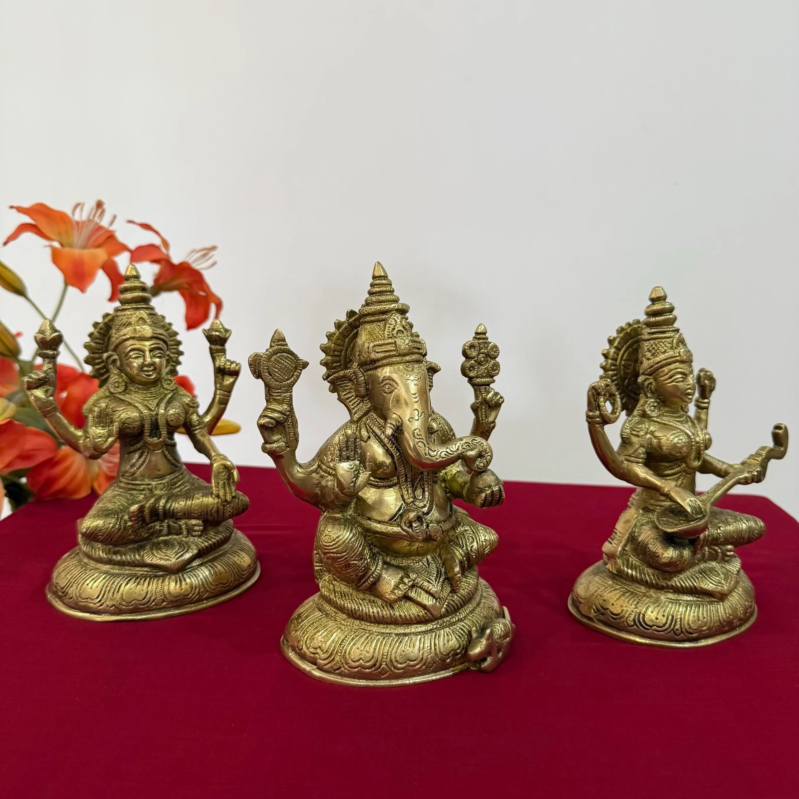 8 Inches Lakshmi Ganesh Saraswati Brass Idol  - Decorative Home Decor