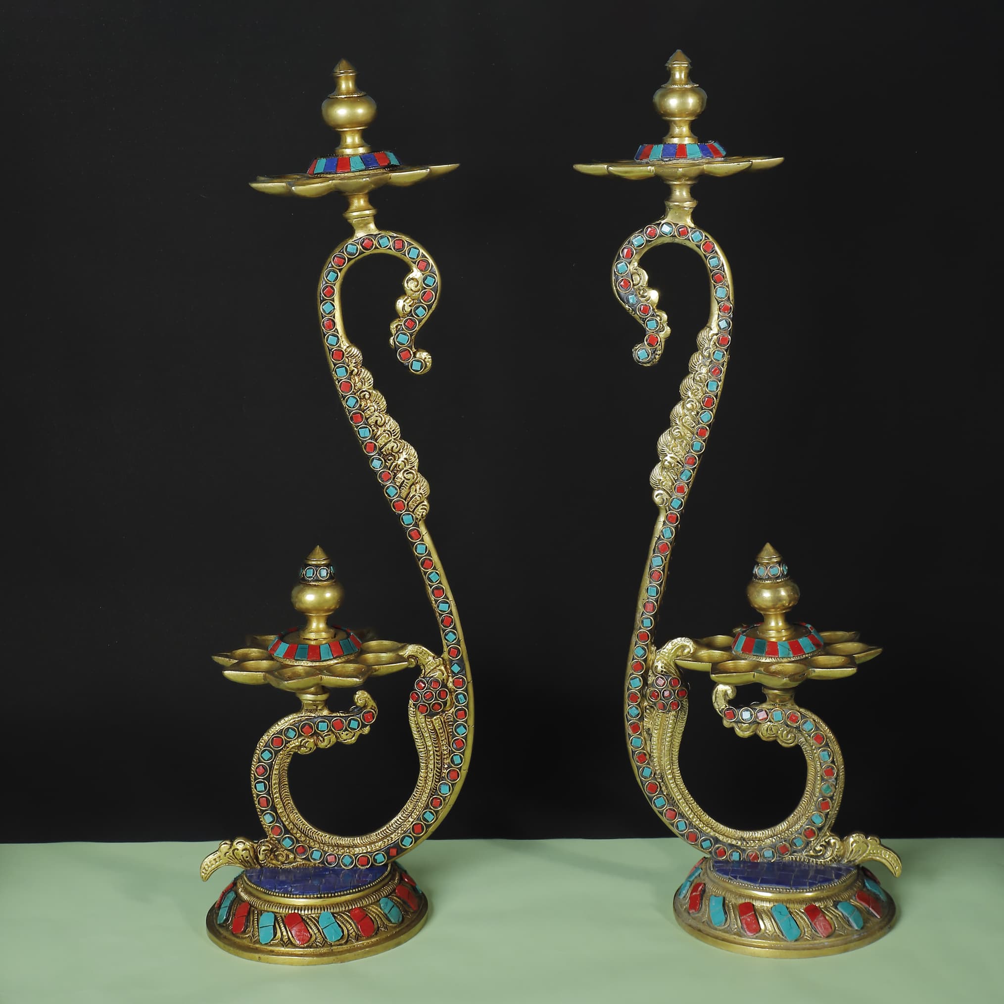 20 Inches Handmade Standing Brass Diya Lamp With Stonework (Set of 2)