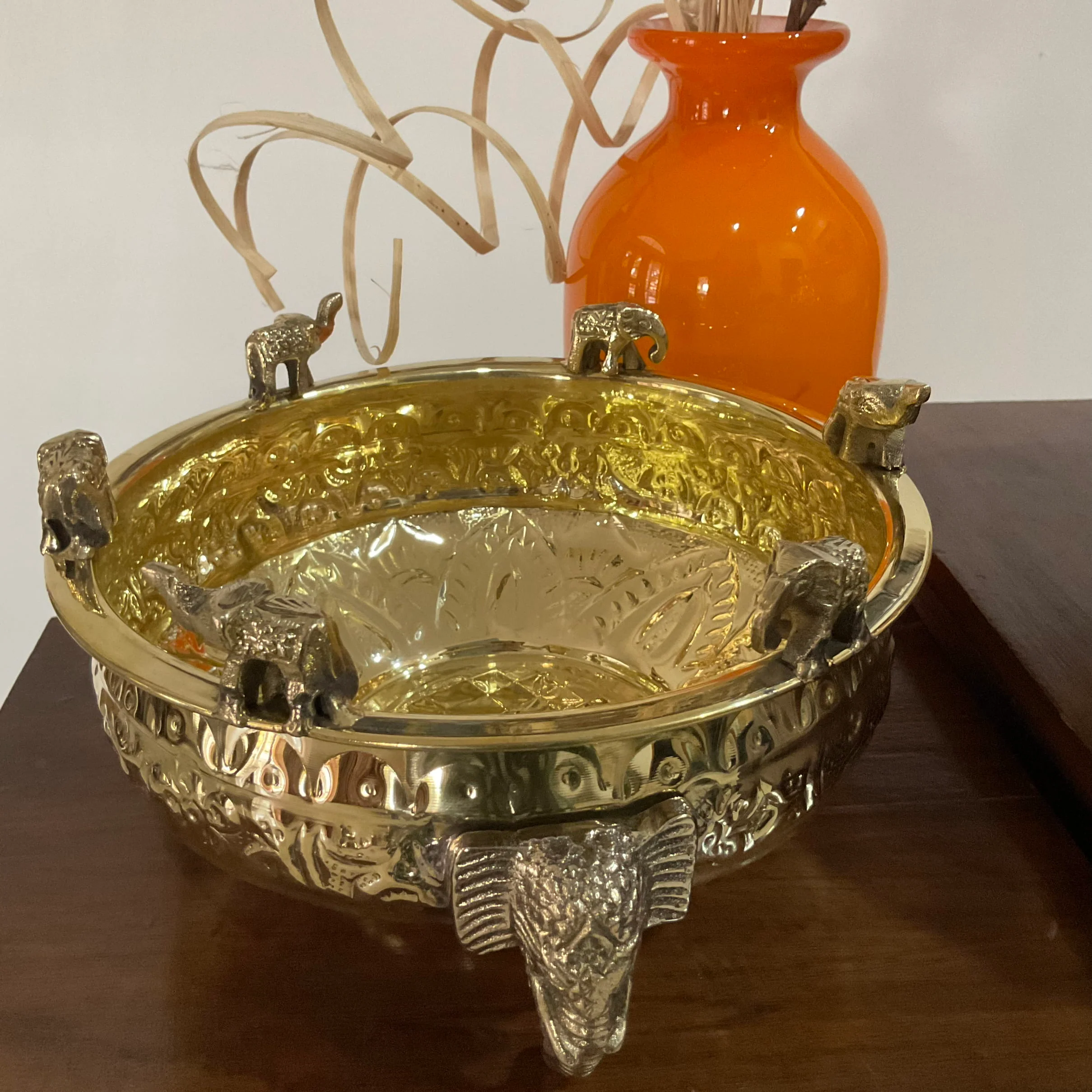 Brass Elephant Urli - 8 Inch Urli Bowl For Festive Decor